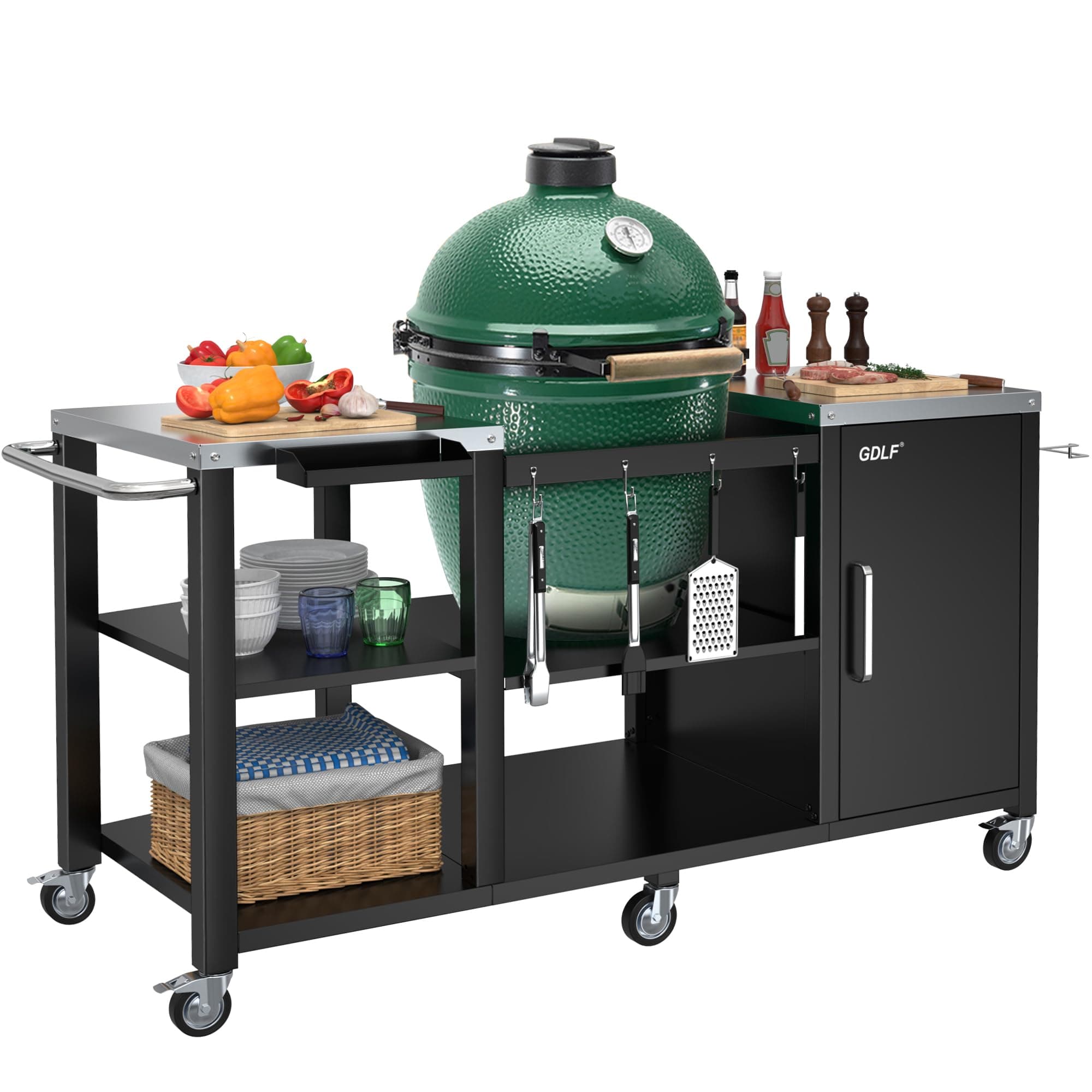 Grill Table for Big Green Egg Style BBQ, Heavy Duty Metal Outdoor Grill Station Prep Table with Storage,Compatible with Large Big Green Egg,Kamado Joe Classic