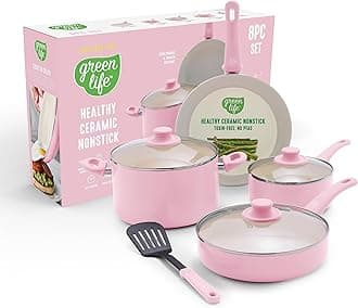GreenLife Soft Grip 8-Piece Cookware Set, Healthy Ceramic Nonstick Pots, Frying & Sauce Pans, PFAS & PFOA Free, Dishwasher Safe, Even Heating, Versatile Kitchen Essentials, Soft Pink