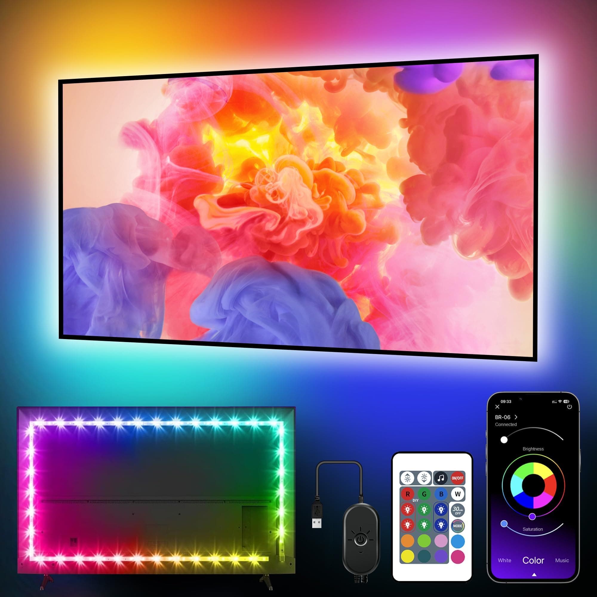 13.2ft LED Lights for TV Size 55"-75" with Remote, for Mirror, PC, APP Control Sync to Music, Bias Lighting, 5050 RGB USB LED Lights Compatible with Android iOS (13.2ft LED Strip+3.2ft Corner Cords)