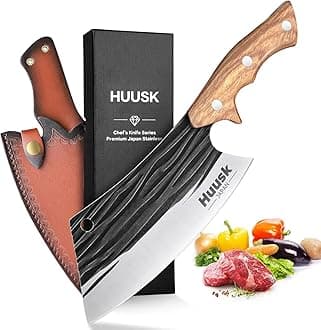 Huusk Butcher Knives for Meat Cutting, Hand Forged Meat Cleaver Knife Full Tang High Carbon Steel Chef Knives Heavy Duty Butcher Knife for Camping, BBQ, Gift for Men and Women