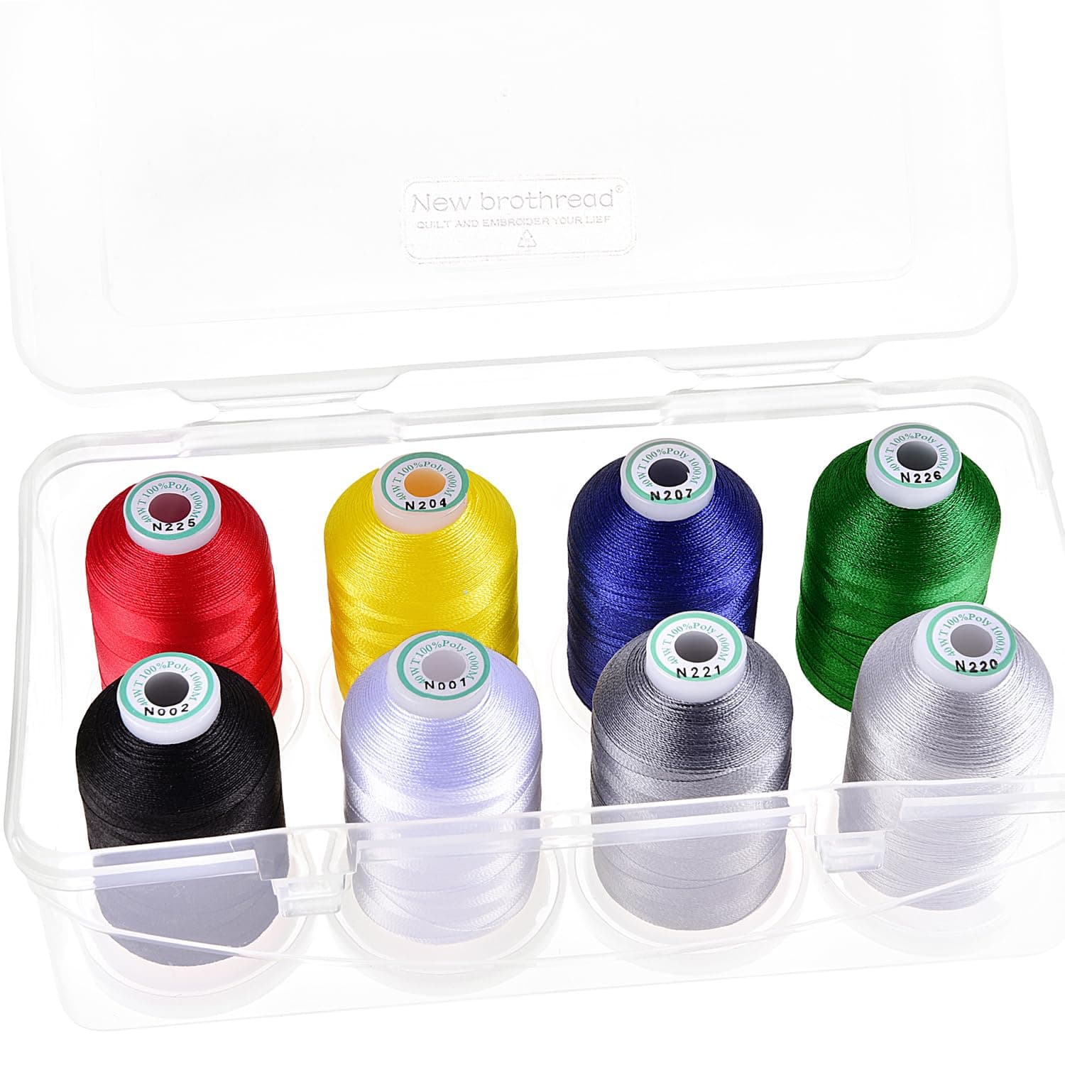 New brothread - 20 Options - 8 Snap Spools of 1000m Each Polyester Embroidery Machine Thread with Clear Plastic Storage Box for Embroidery & Quilting - Basic Color