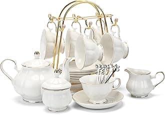 Tea Set 22-Piece Porcelain Ceramic Coffee Tea Gift Sets Cups Saucer Service for 6 Teapot Sugar Bowl Creamer Pitcher and Teaspoons (WHITE3)