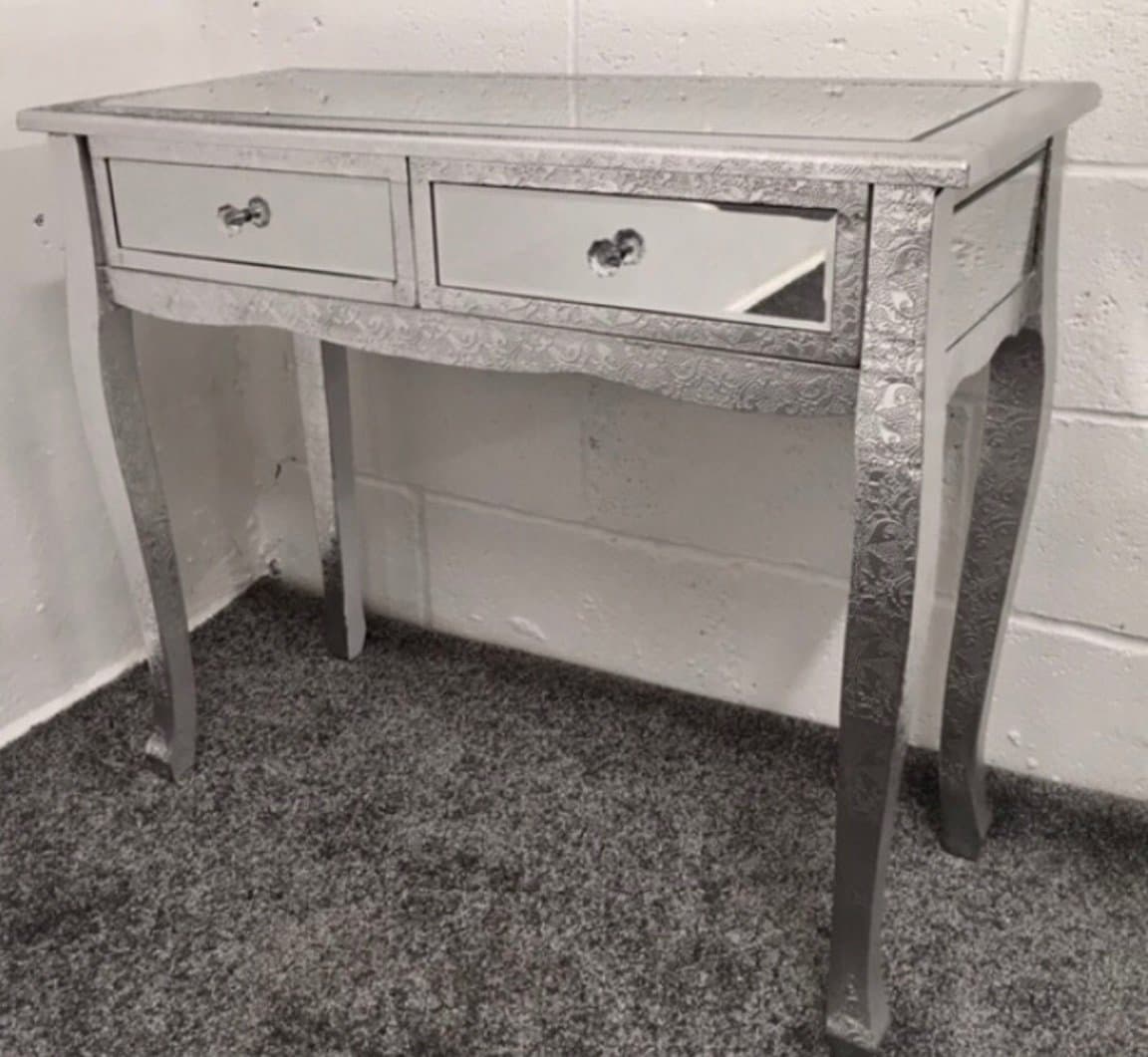 CMD Products Chaandi Kar Metal Embossed Silver Mirrored 2 Drawer Console Dressing Table
