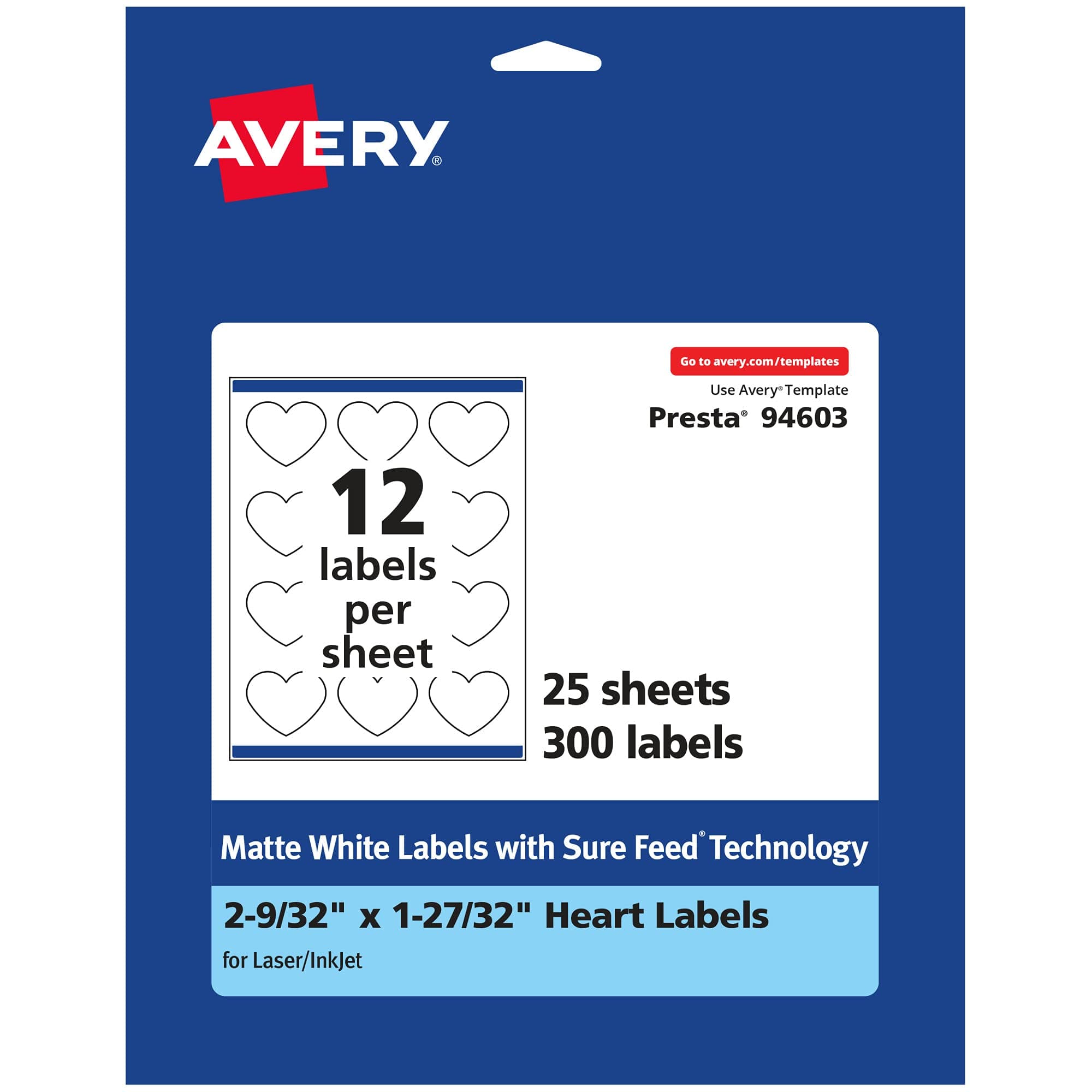 Avery Matte White Heart Labels with Sure Feed, 2-9/32" x 1-27/32", 300 Matte White Printable Labels