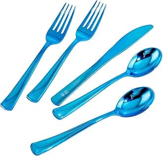 Supernal 240pcs Blue Plastic Silverware,Party Disposable Utensils,Plastic Silverware Heavy Duty Include 80 Forks,80 Knvies,80 Spoons,Premium Disposable Cutlery Shine Blue for Birthday,Party