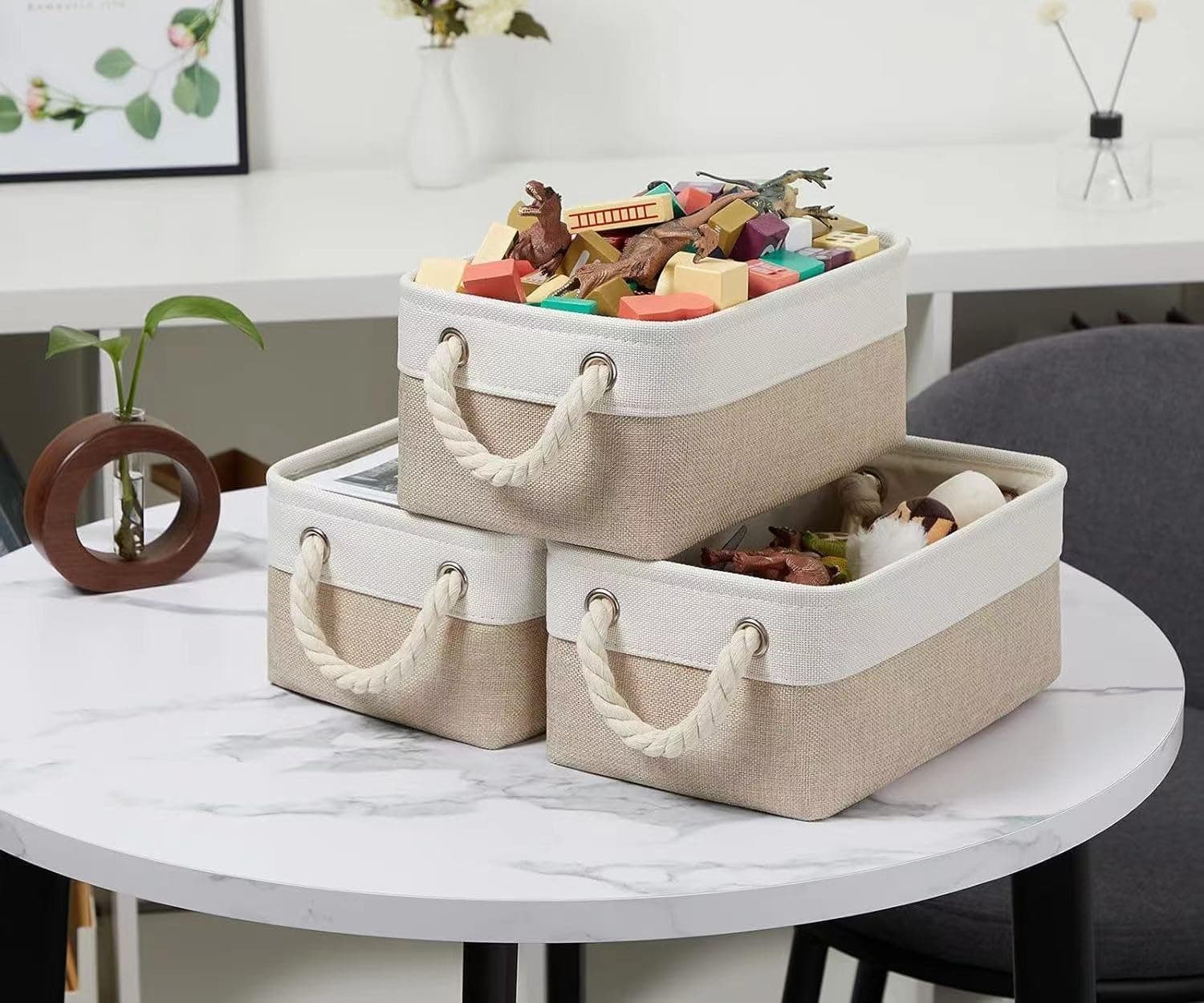 SAMORADREA 3 Pack Storage Basket Bins - Fabric Basket Bulk&Decorative Baskets Storage Box Cubes Containers W/Handles for Clothes Storage Bedrooms, Books, Home, Office, Car (A)