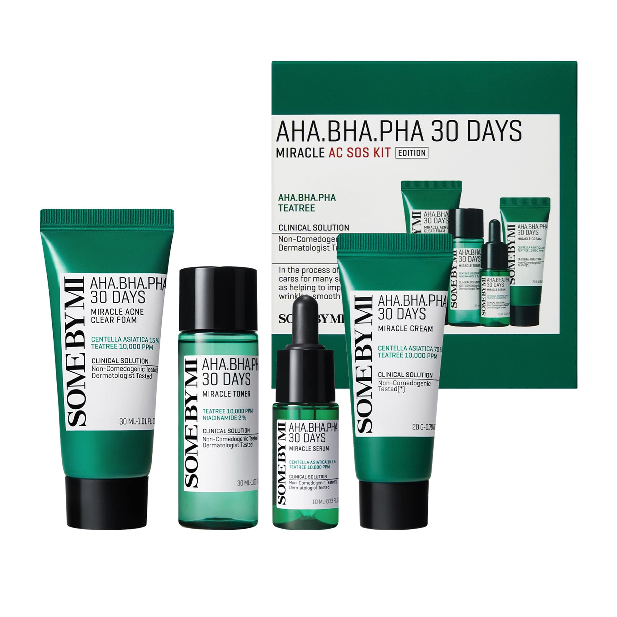 Some By Mi AHA BHA PHA 30Days Miracle AC SOS Kit | Includes Toner 1.01Oz + Serum 0.33Oz + Cream 0.7Oz + Foam 1.01Oz | Mild Exfoliating Daily Skin Care Set For Skin Wastes, Sebum, Oiliness Care