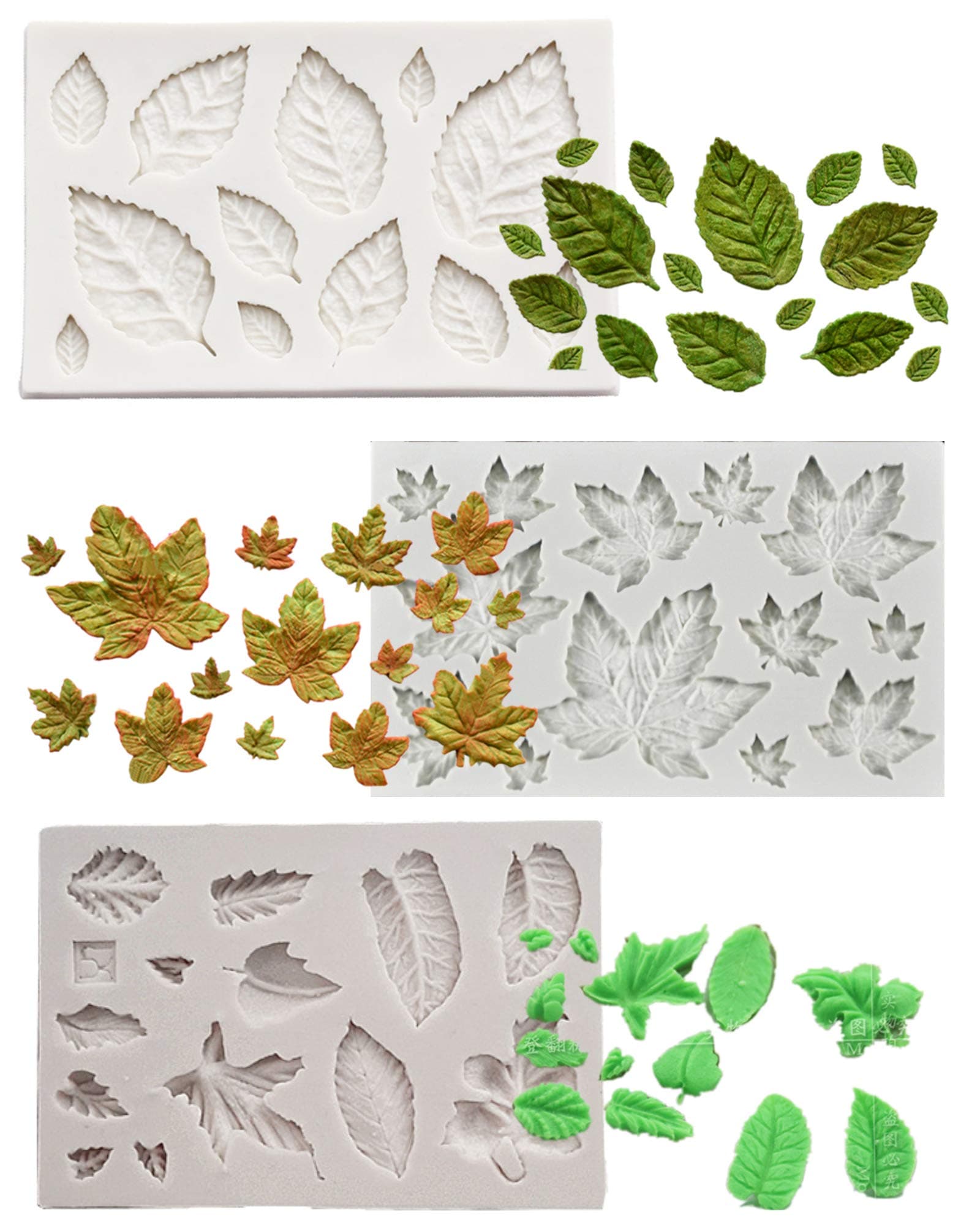 Wootkey Set of 3 Rose Leaf Maple Leaf Grape Leaf Fondant Silicone Mold for Sugarcraft, Cake Border Decoration, Cupcake Topper, Polymer Clay, Crafting Moulds