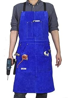 QeeLink Leather Welding Work Apron with 6 Tool Pockets, Heat & Flame Resistant Apron, 24" x 36", Adjustable M to XXXL, Blue, Small-5X-Large