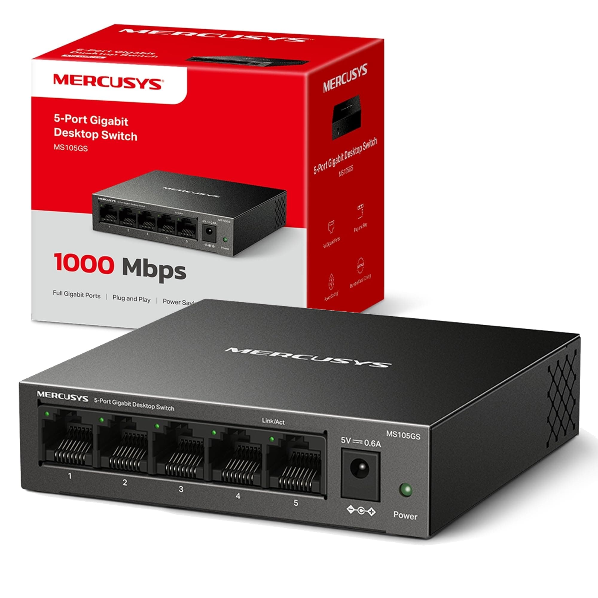 MERCUSYS MS105GS 5 Port Gigabit Network Switch, Ethernet Switch, Metal Case, Gigabit Switch, Ethernet Splitter, Desktop or Wall Mount, TP-Link Silent Operation, Power Saving, Plug & Play