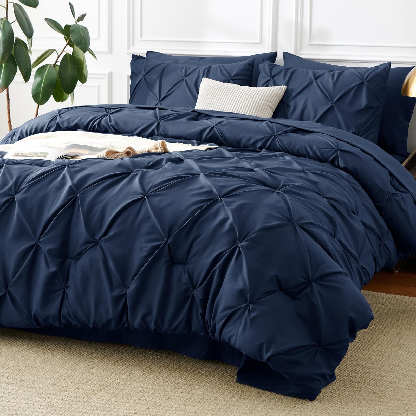 CozyLux Twin Comforter Set with Sheets Navy Blue, 5 Pieces Pintuck Bed in A Bag, Twin Bed Set Gift for Family, Pinch Pleat Bedding Set with Comforter, Sheets, Pillowcase & Sham