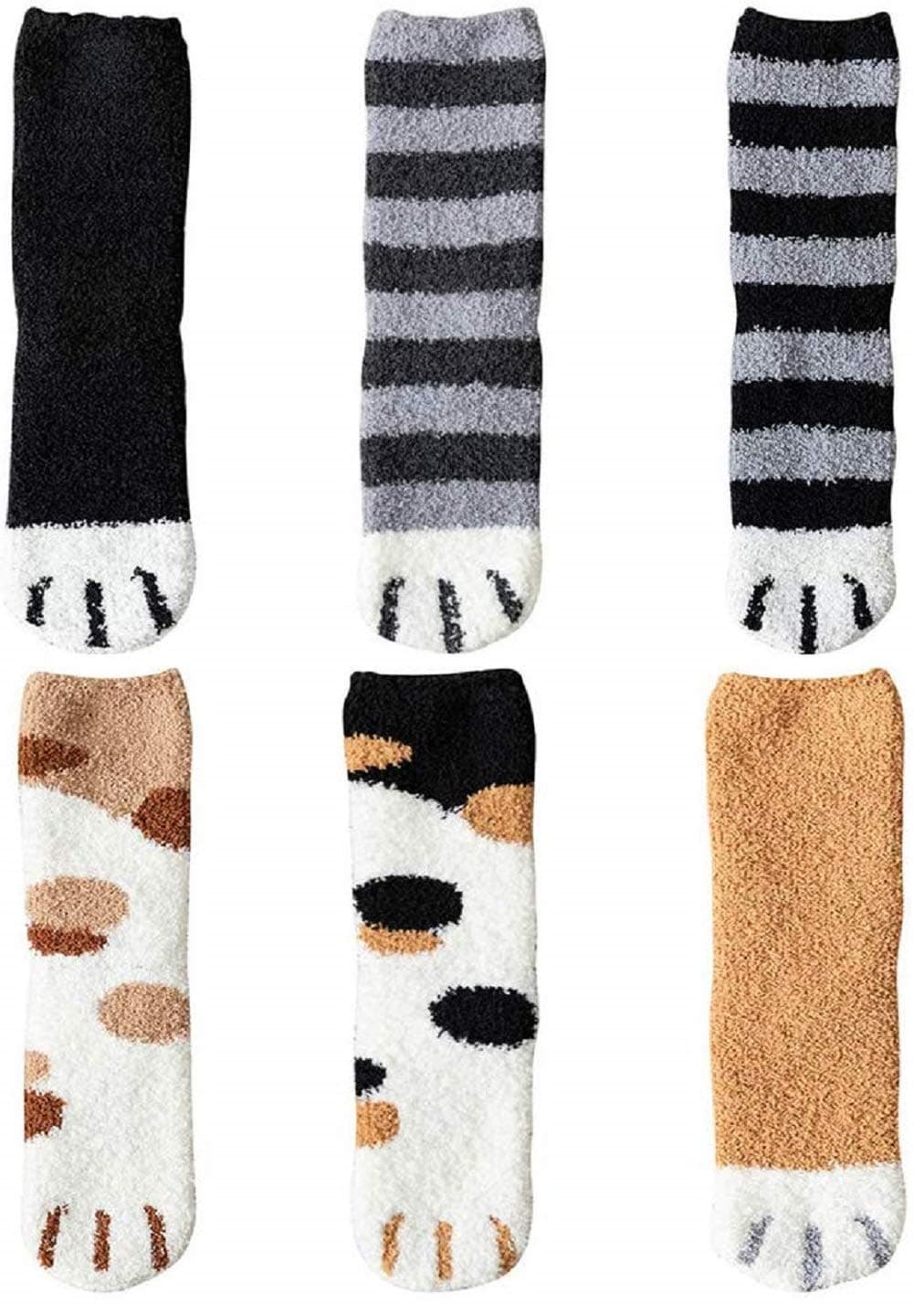 6 Pack Cute Cat Claw Design Plush Cozy Slipper Sock for Womens Winter Indoor