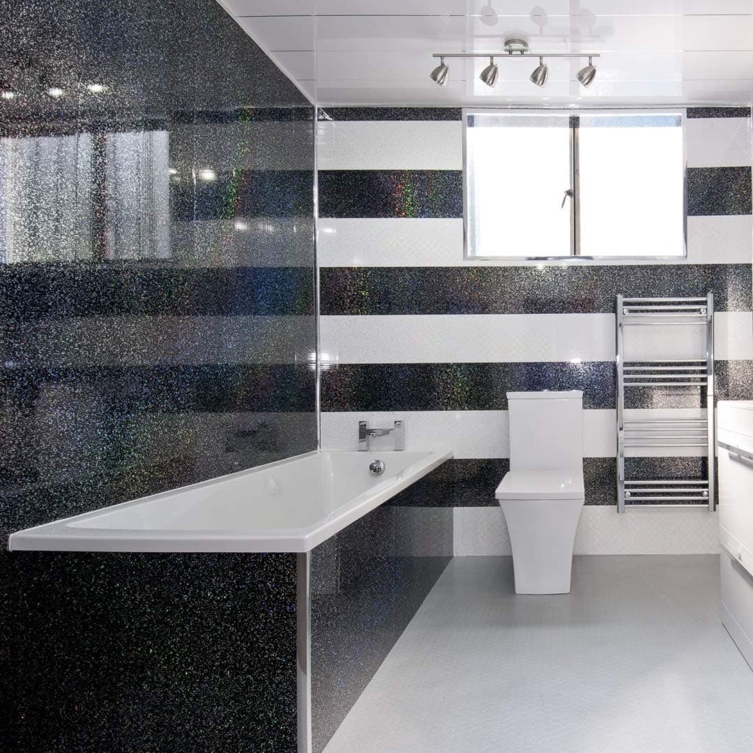 5 Black Sparkle Diamond Effect PVC Bathroom Cladding Shower Wall Panels