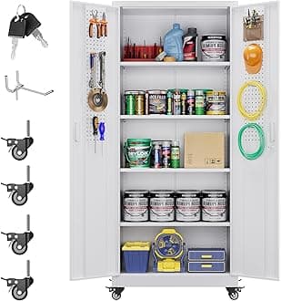 73" H Metal Storage Cabinet with Wheels, Pegboard and 4 Hooks, Garage Storage Cabinet with 4 Adjustable Shelves and 2 Lockable Doors for Garage Home Office, Basement, Assembly Required, White