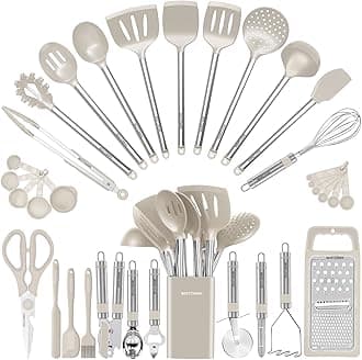 Kitchen Utensil Set-Silicone Cooking Utensils-33 Kitchen Gadgets & Spoons for Nonstick Cookware-Silicone and Stainless Steel Spatula Set-Best Kitchen Tools, Useful Pots (Khaki)