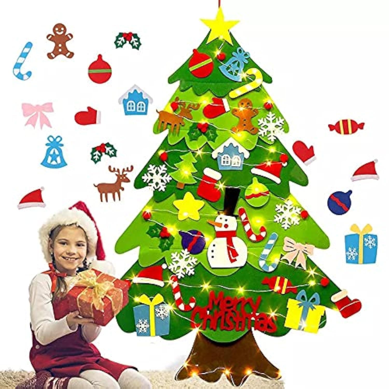 أخرى DIY Felt Christmas Tree Set With LED Lights and 32 Pieces of Detachable Decorations Christmas Tree Home Decoration Children Christmas Gift Christmas Door Wall Hanging Decoration