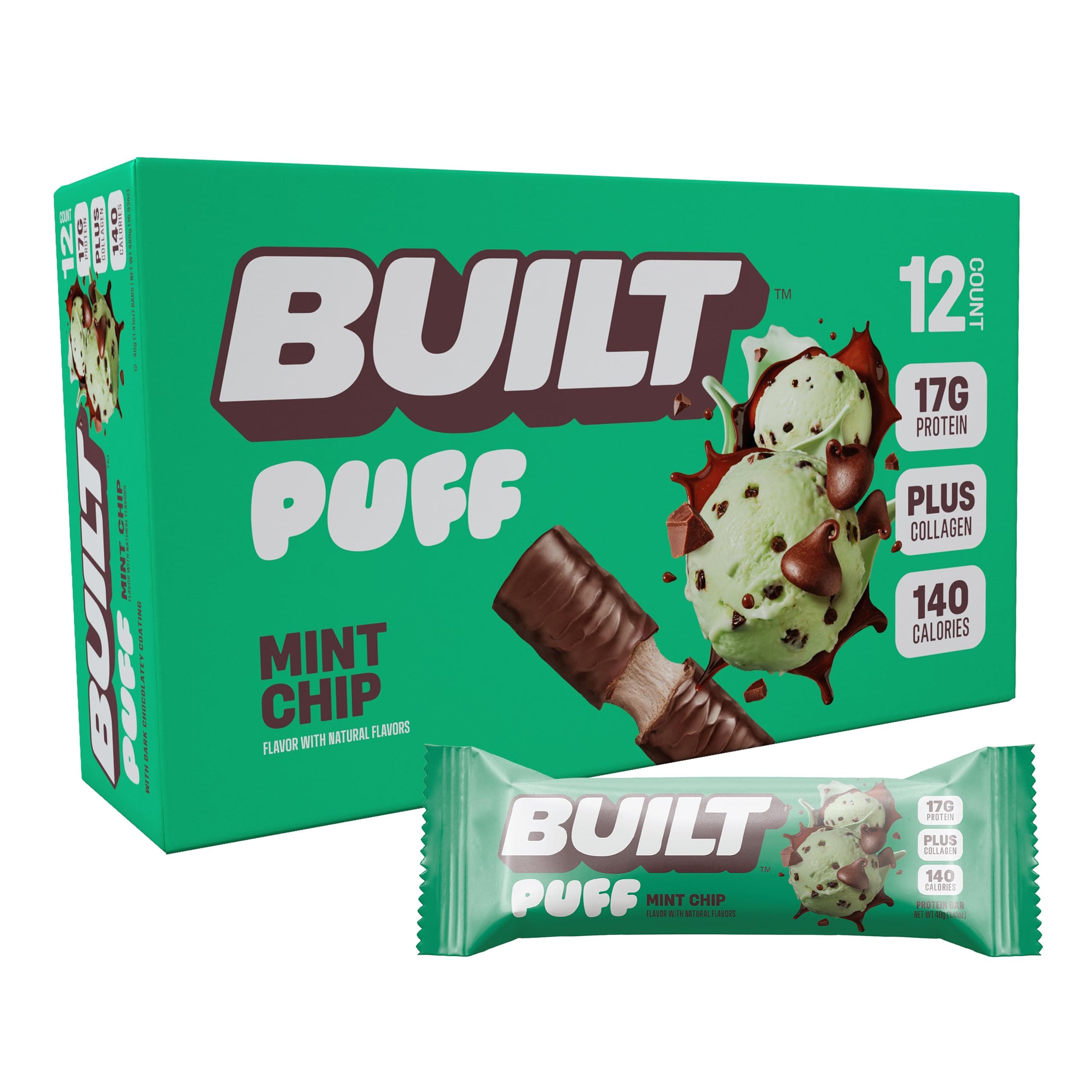 Built Bar, Puff Protein Bars, Mint Chip Puff, 17g Protein Snacks, On-The-Go Bars, Only 140 Calories, 6g Sugar, Collagen, Gluten Free, 12 Count