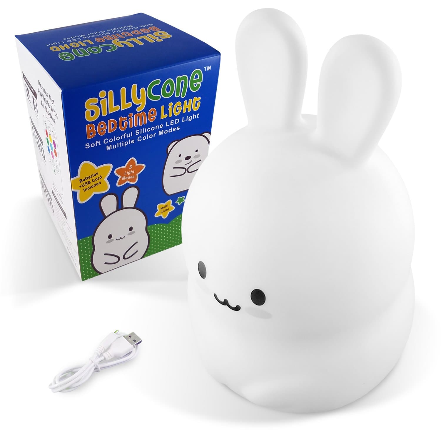 SillyCone Soft Silicone Rechargeable LED Night Light with Built-in Li-Ion Battery and USB Cable for Charging (Bunny)