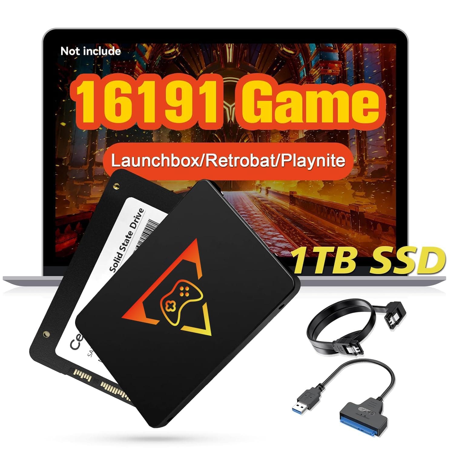 Retro Game Console SSD 1TB, 16191 Video Games, 80+ Emulator Console, 86 AAA PC Games, 3 Game Systems, Launchbox Hard Drive Emulator, Compatible with Win 8.1/10/11 PC, 1 Sata to USB-A Cable, Sata Cable