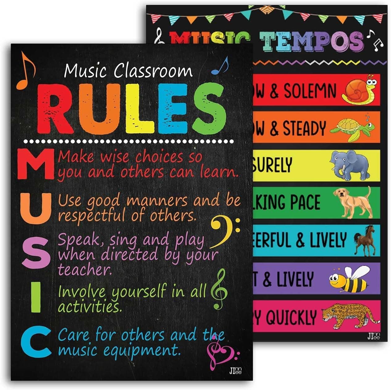 Jinniee Music Classroom Rules Posters for Elements Bulletin Board Musical Education Decor Primary School Middle and High Decorations or Homeschool Set 2 Posters 11x17 inches