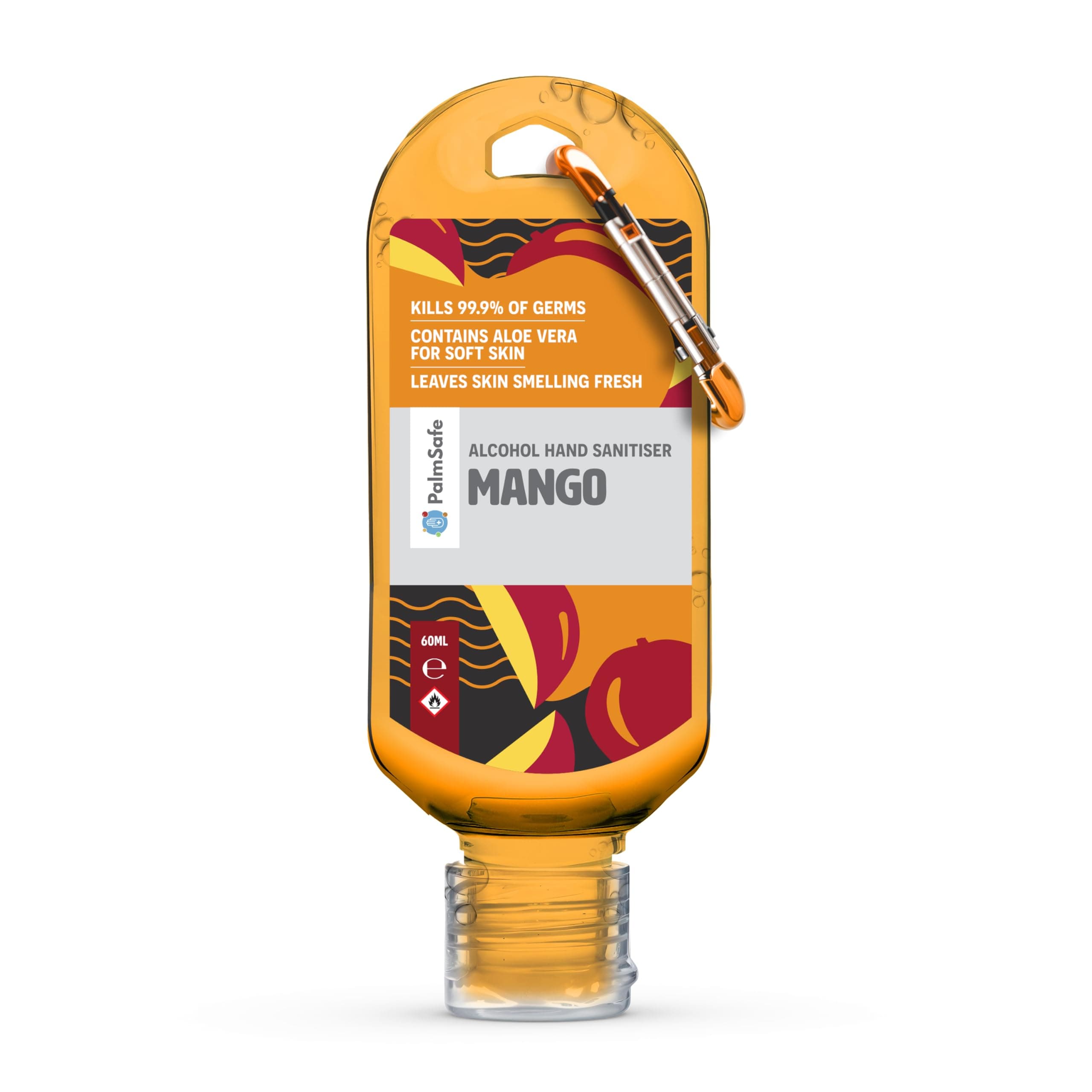 Mango 60ml Anti Bacterial Premium Hand Sanitiser Travel Size Refillable Clip Bottle Quick Drying Non Sticky Extra Moisturising Kills 99.9% of Viruses and Bacteria