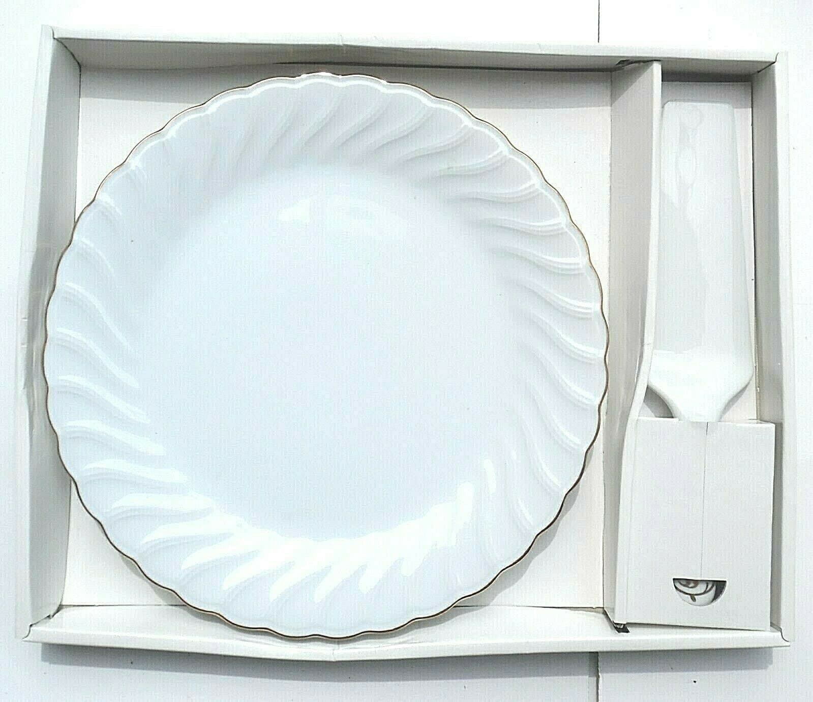 Andrea by Sadek 11 1/2" Cake Plate with server White with Gold Trim NEW in box