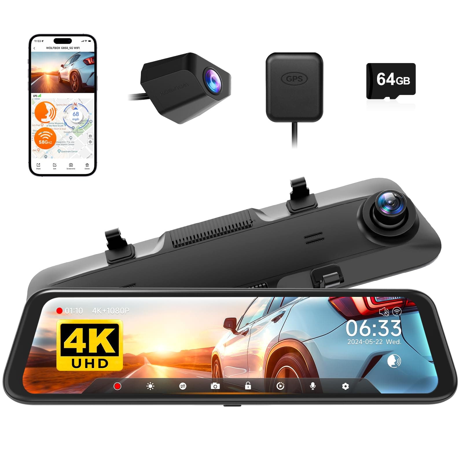 WOLFBOX G850 12" 4K Rear View Mirror Camera with 5.8GHz WiFi and Voice Control, Smart Mirror Dash Cam Front and Rear, Backup Camera with 1080P Rear Camera, Dash Cam with WDR, Includes 64GB Card & GPS