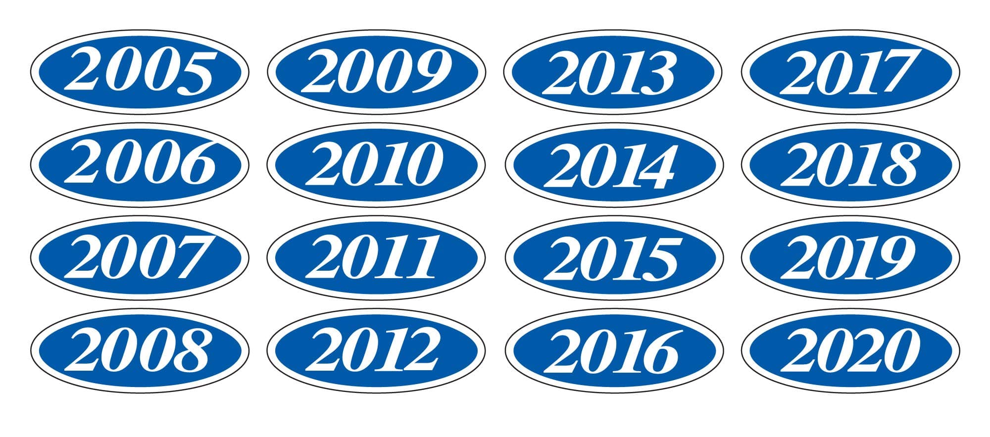 EZ-Line Oval Model Windshield Year Stickers for Car Windows Large Vinyl Dealership Supplies 17 Dozen Pro Pack 1 Dozen Each Year 2008-2024 (White on Blue)