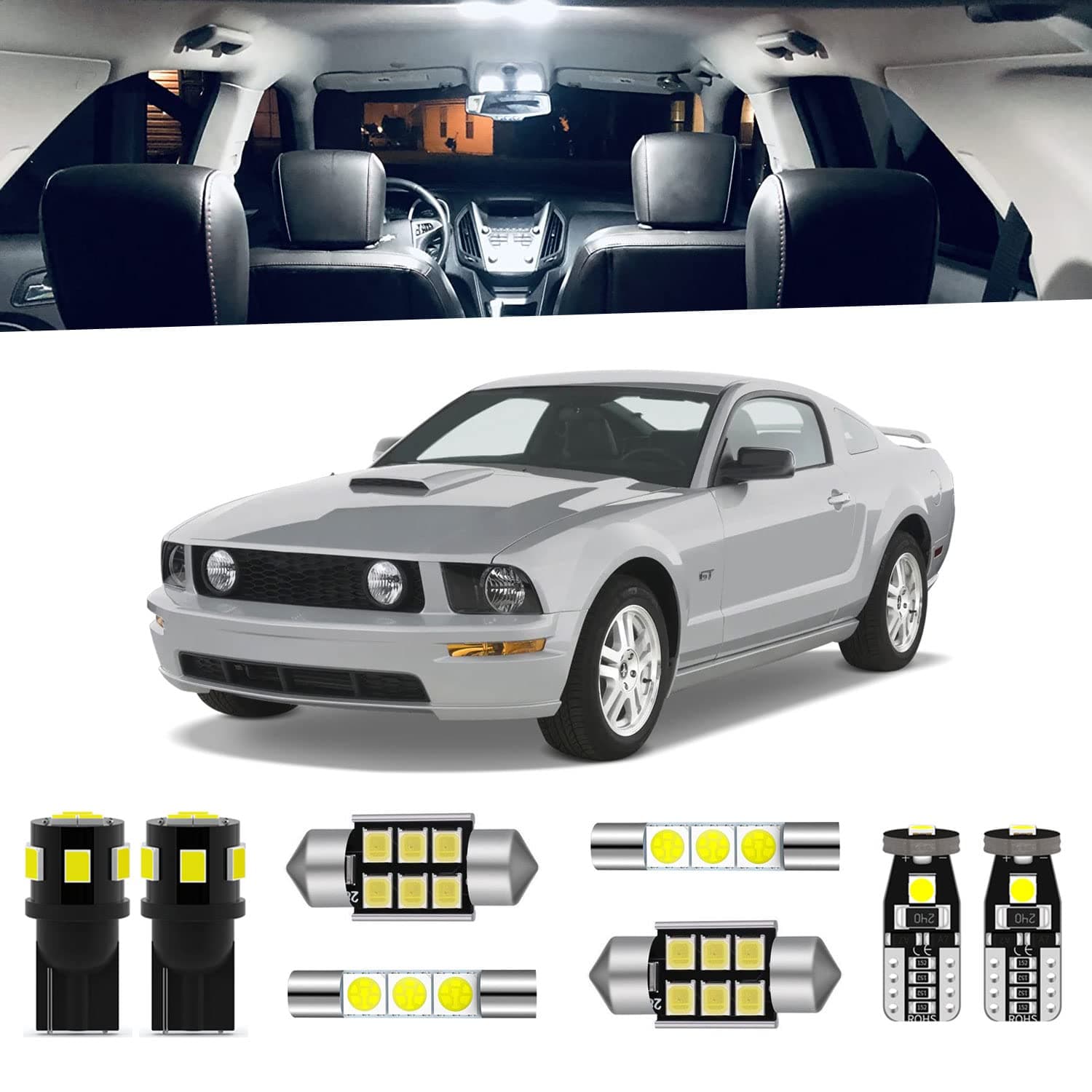 5-Pieces Super Bright Interior LED Light Kit Compatible with Ford Mustang 2005 2006 2007 2008 2009 White 6000K Interior LED Map Trunk Lighting Package + License Plate Lights, Install Tool