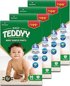 TEDDYY Baby Diapers Pants Easy Medium 56 Count, 7-12 kgs, 12 hrs Leak Protection, Anti - Bacterial (14 count,Pack of 4)