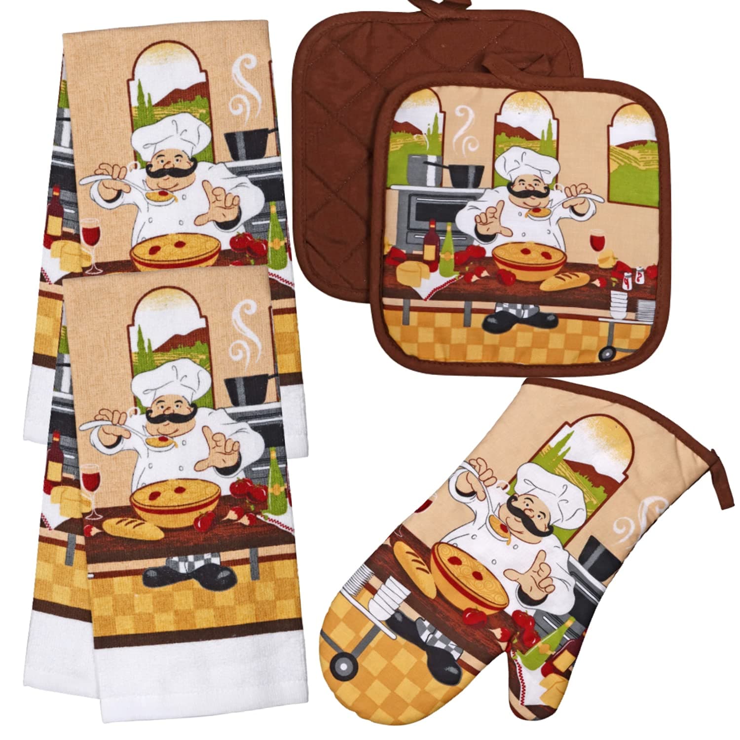 Chef Decor - Towel Linen Set (4 Pc) Fun Fat Chef Spaghetti Ristorante Cafe Themed - Kitchen Towel 2 Potholders 1 Oven Mitt - Oven Mitts - Kitchen Decorations