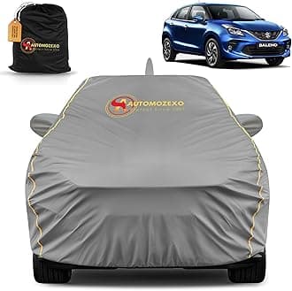 Maruti Suzuki Baleno 100% Waterproof Car Cover for All Weather Protection with Mirror & Antena Pocket Inner Cotton Triple Stitched Adjustable Belt Bottom Elastic Cover to Secure Fit -Grey