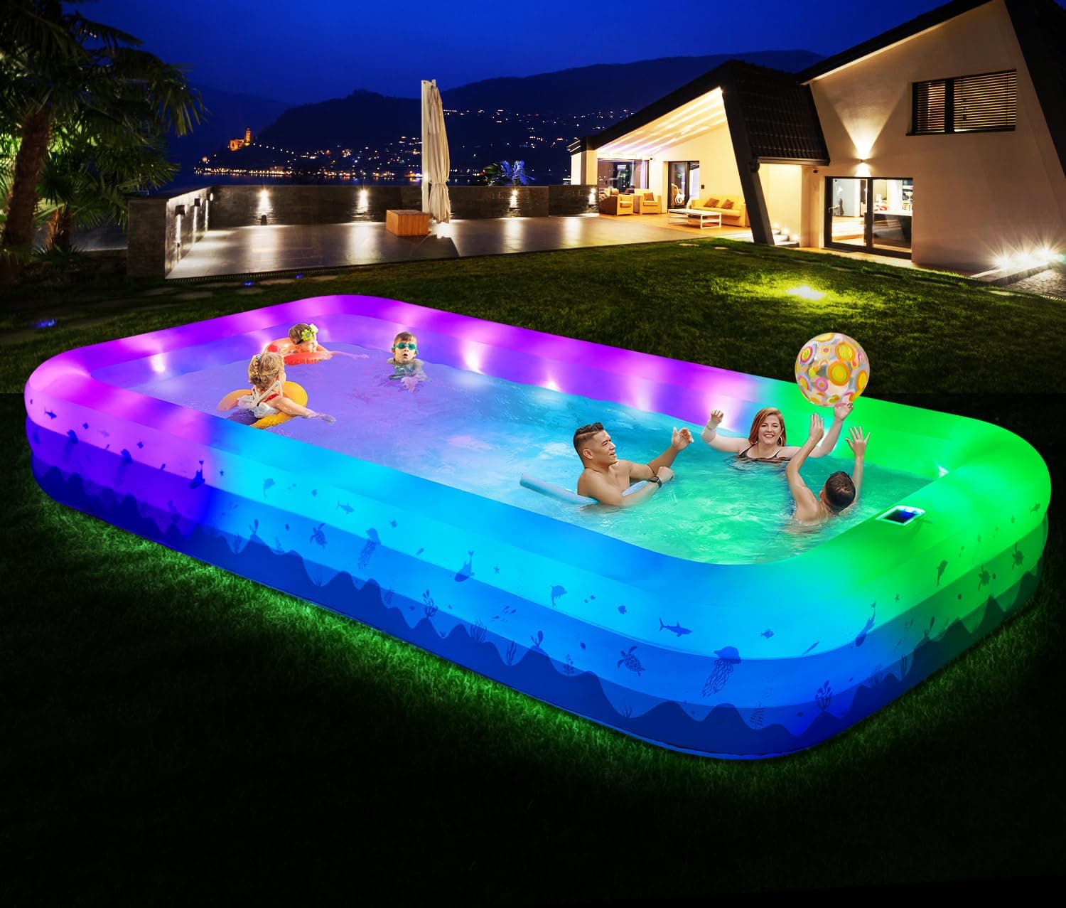 Large Inflatable Pool with Lights, 145" X 74" X 22" Family Inflatable Swimming Pools for Adults, Blow Up Pool Solar Powered, Inflatable PooI for Backyard (Air Pump Not Included)