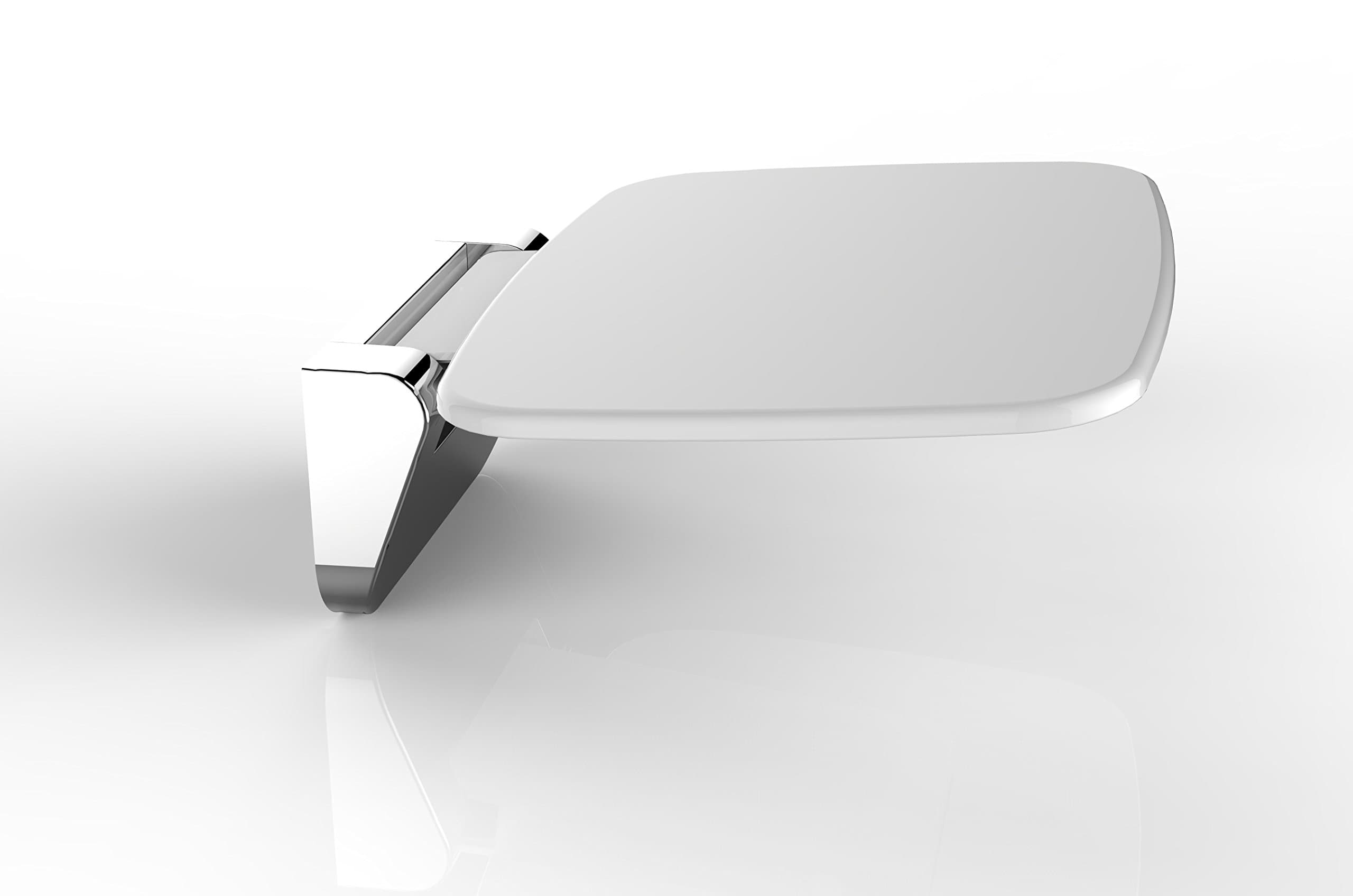 Folding shower seat in chrome white for wall mounting.