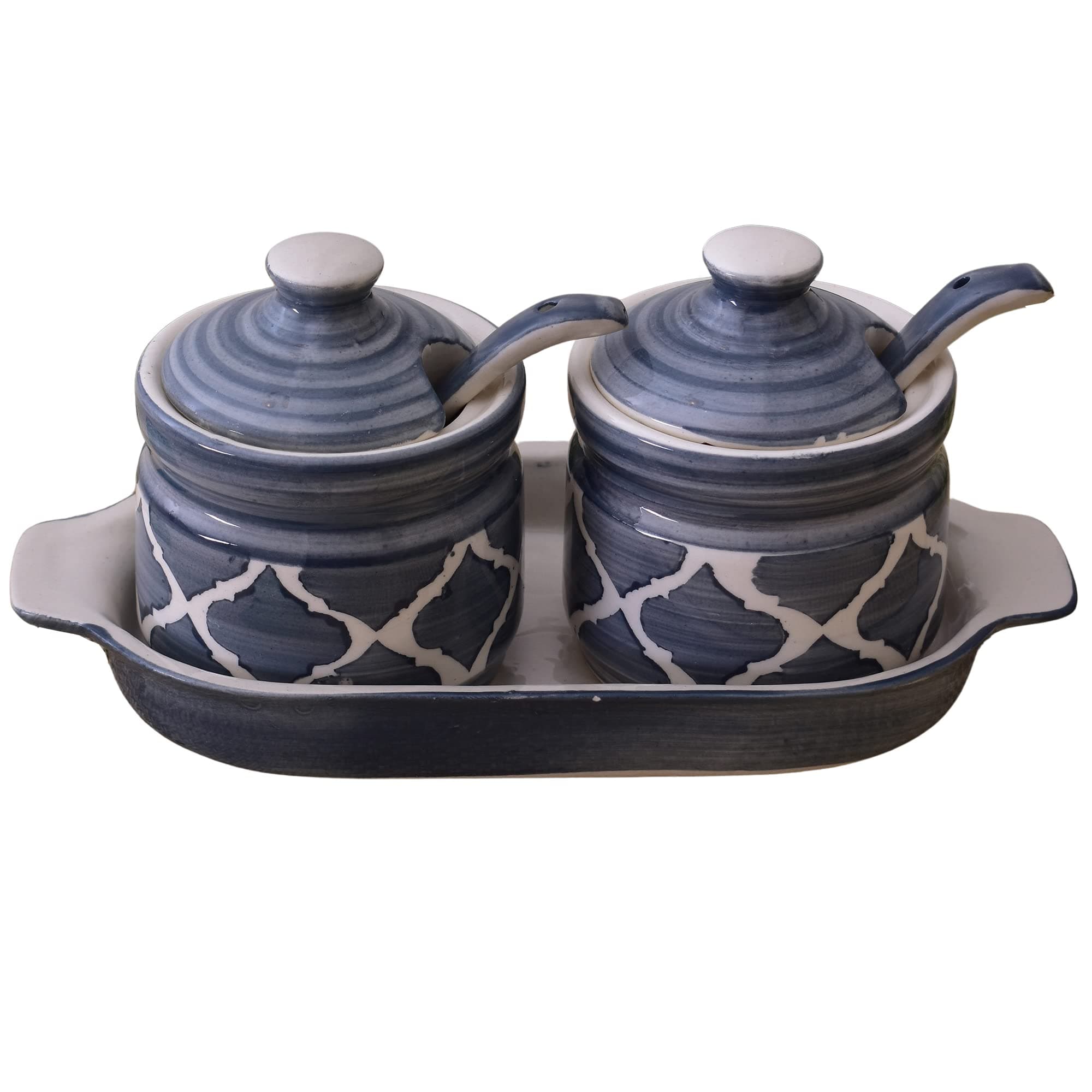 Kunhar Ceramic Pickle Jar Set, Grey (1 Tray, 2 Jar 200 ML And 2 Spoons)