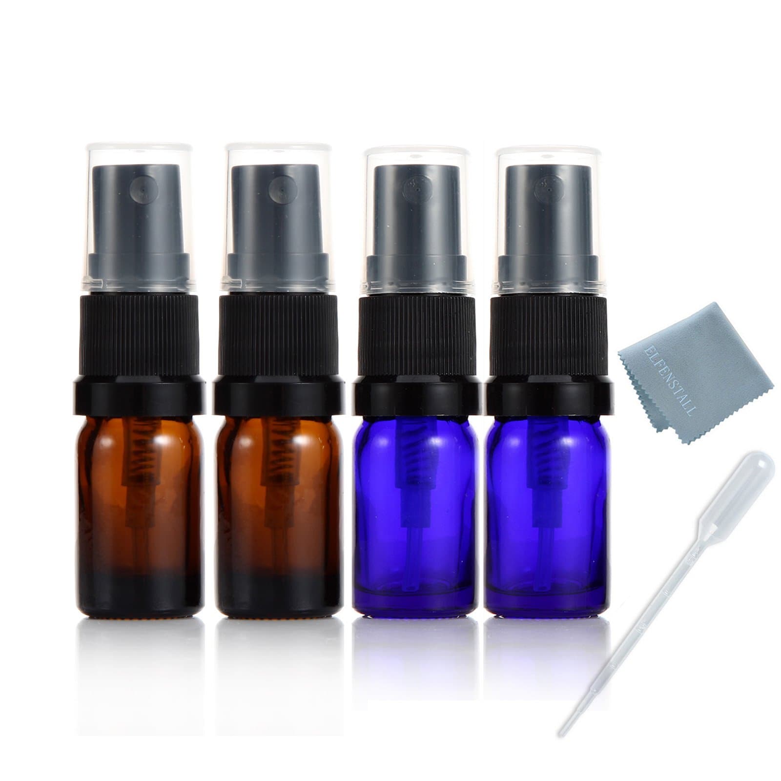 Elfenstal- 4pcs Thick 5ml Amber Cobalt Blue Fine Mist Atomizer Glass Perfume bottle Spray Refillable Perfume Empty Bottle Glass for Aromatherapy Essential Oil Party Portable Free Pipette