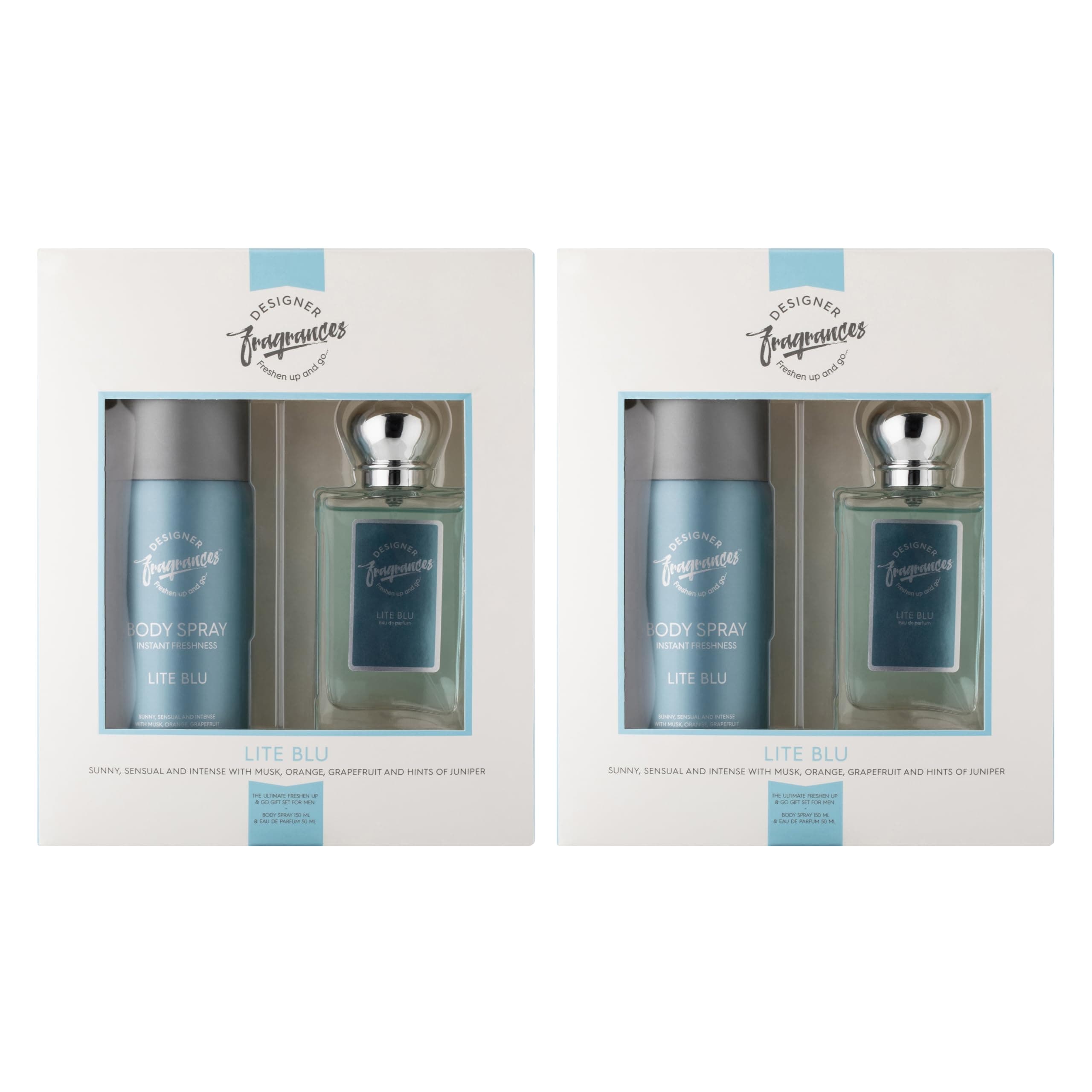 Lite Blu Male Twin Gift Set - Includes 2 x 150ml Body Spray Deodorant Cans, 2 x 50ml Men’s Eau De Parfum Aftershave Sprays - For Instant Freshness on The Go - Long Lasting Smells