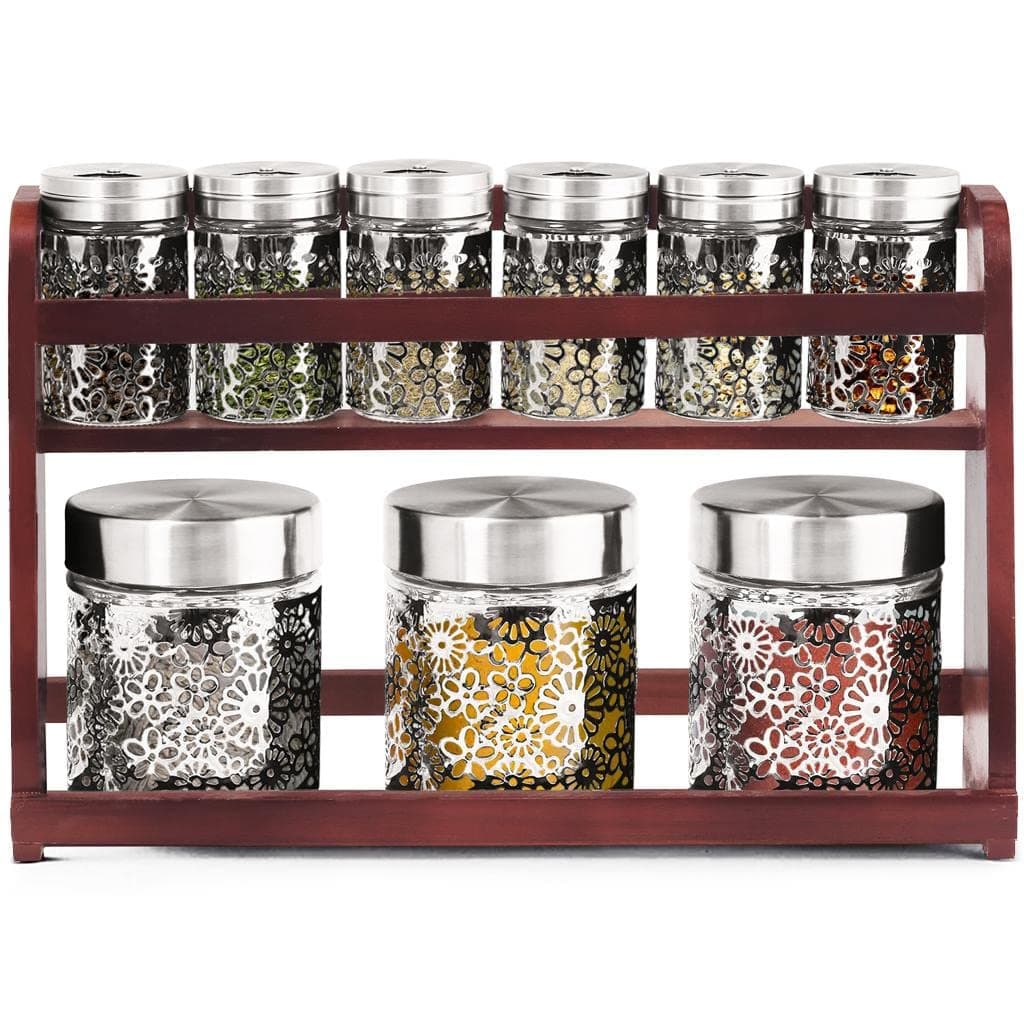 HOMESMART Premium Quality Glass Jar Spice Rack | Kitchen Organizer For Spice Bottles with Airtight Metal Lid | Set of 9 pcs Spice Organizing Jars Glass Jars For Kitchen Rack | Premium Gift