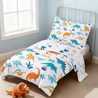 PERFEMET 4 Pieces Toddler Bedding Set Cartoon Dinosaur Print Comforter Sheet Set for Boys Microfiber Soft Toddler Comforter Set Includes Comforter, Flat Sheet, Fitted Sheet and Pillowcase, Colorful
