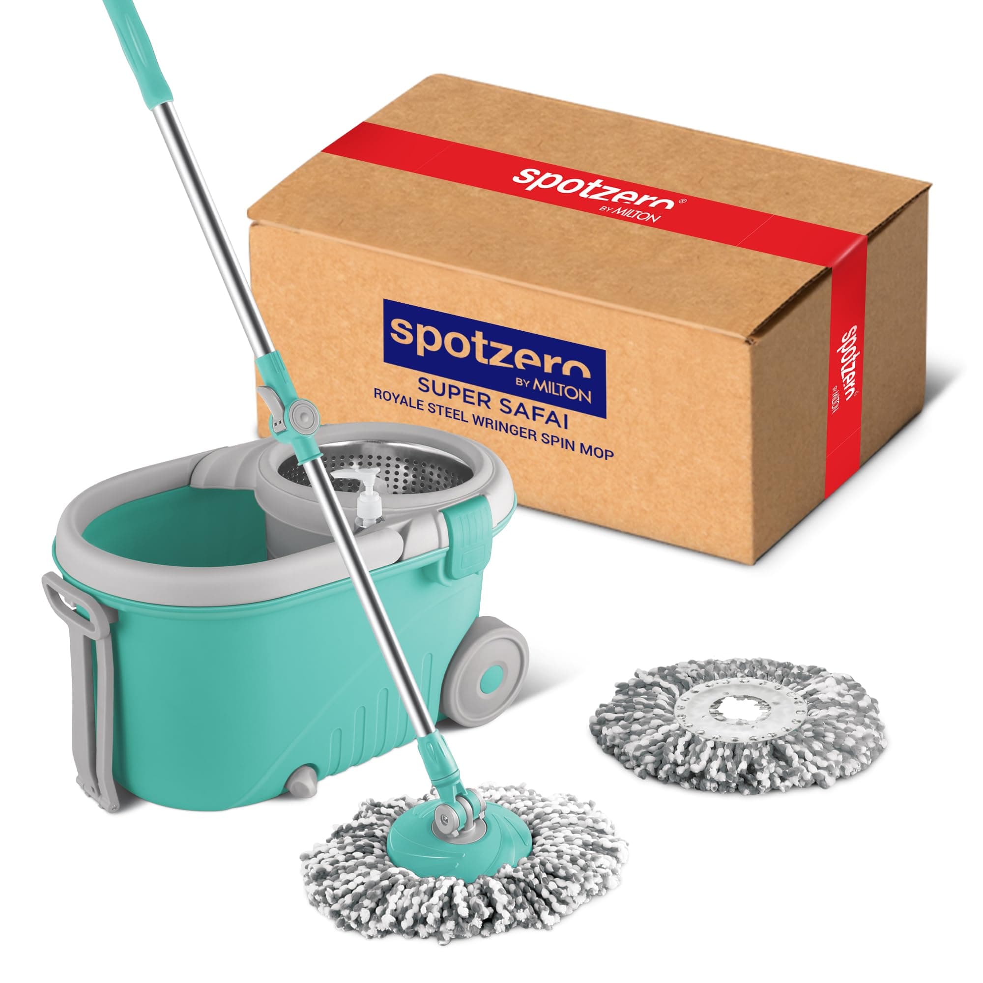 by MILTON Spin Mop and Bucket with 2 Microfiber Refill, Liquid Dispenser, Wringer Set - Extendable Handle 360° Spinning Mop for Floor Cleaning, ممسحة ارضيات - Royale - Aqua Green