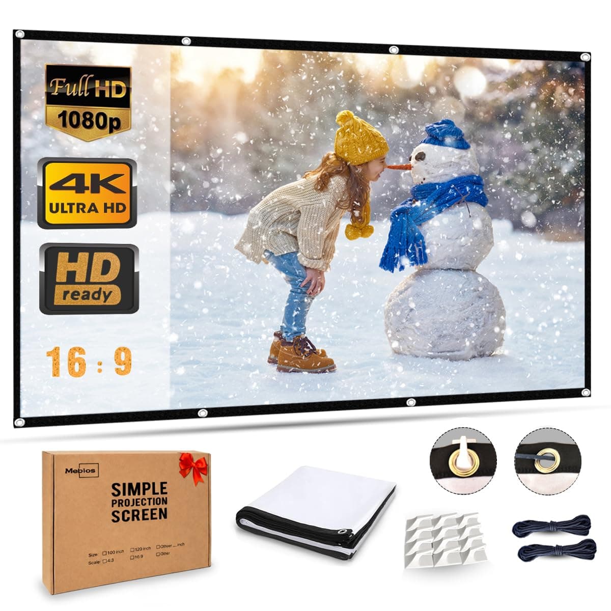 Projector Screen 100 Inch, Portable With 16:9 Hd 4K For School Home Theatre Cinema Office, Foldable - 227Cm(W) X 130Cm(H) Matte White Widescreen (110)