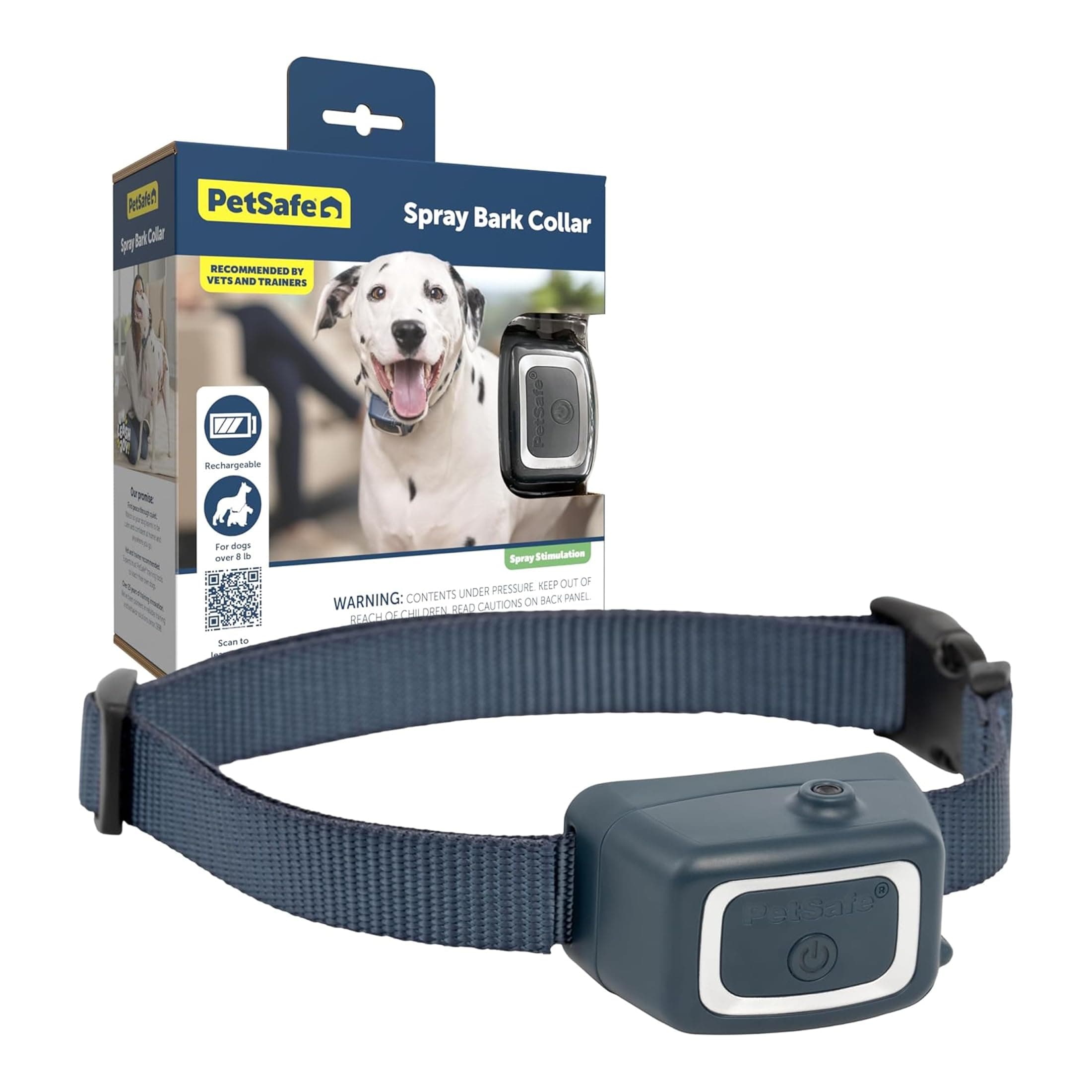 Spray Bark Dog Collar, Automatic No Bark Device for Dogs 8 lb. and Up - Rechargeable and Water-Resistant – Includes Citronella and Unscented Spray Refills & USB Charging Cable, Navy