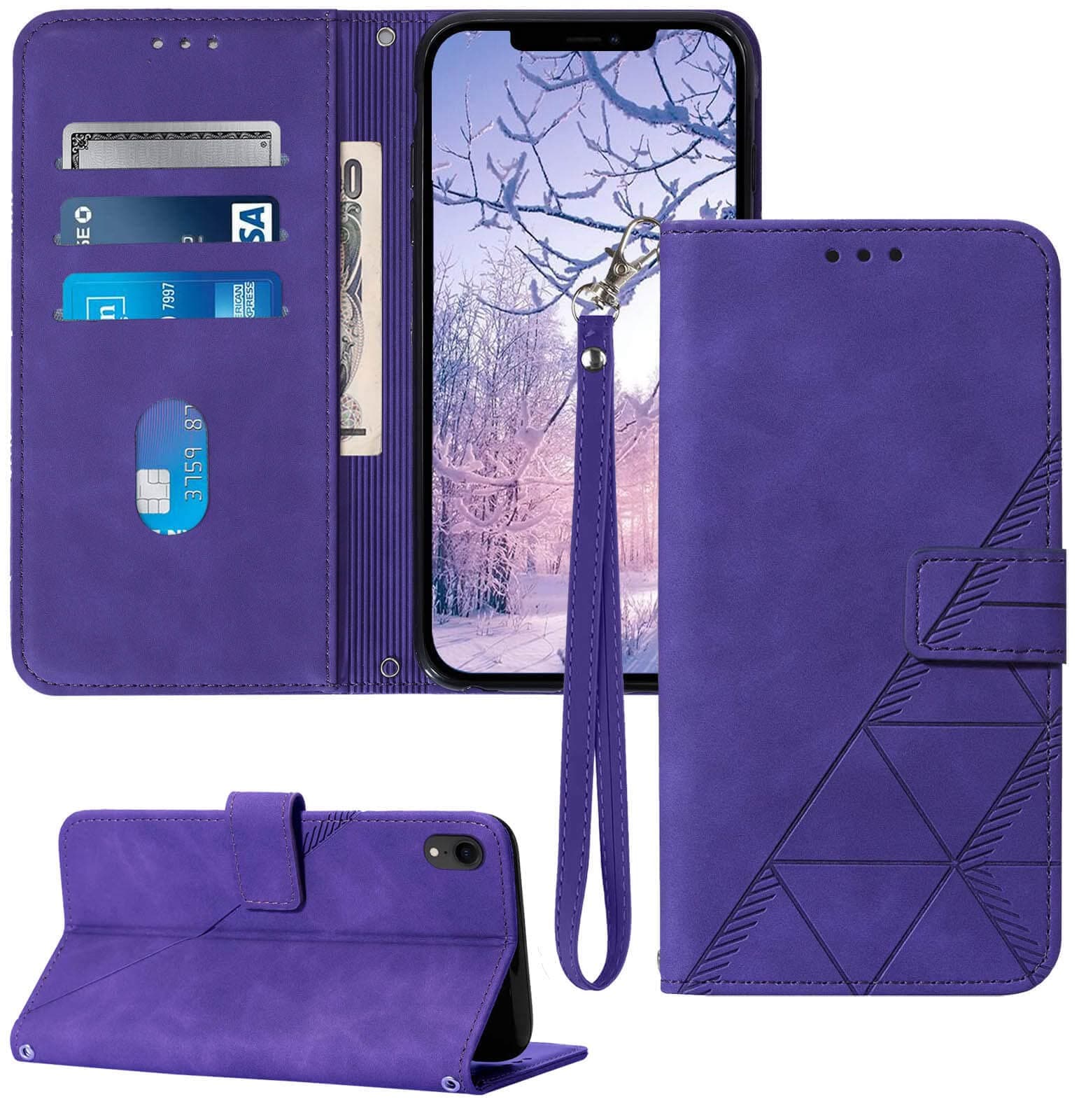 Compatible for iPhone XR Wallet Case,[Kickstand][Wrist Strap][Card Holder Slots] TPU Interior Protective PU Leather Folio Flip Cover for iPhone XR Case Wallet (Purple)
