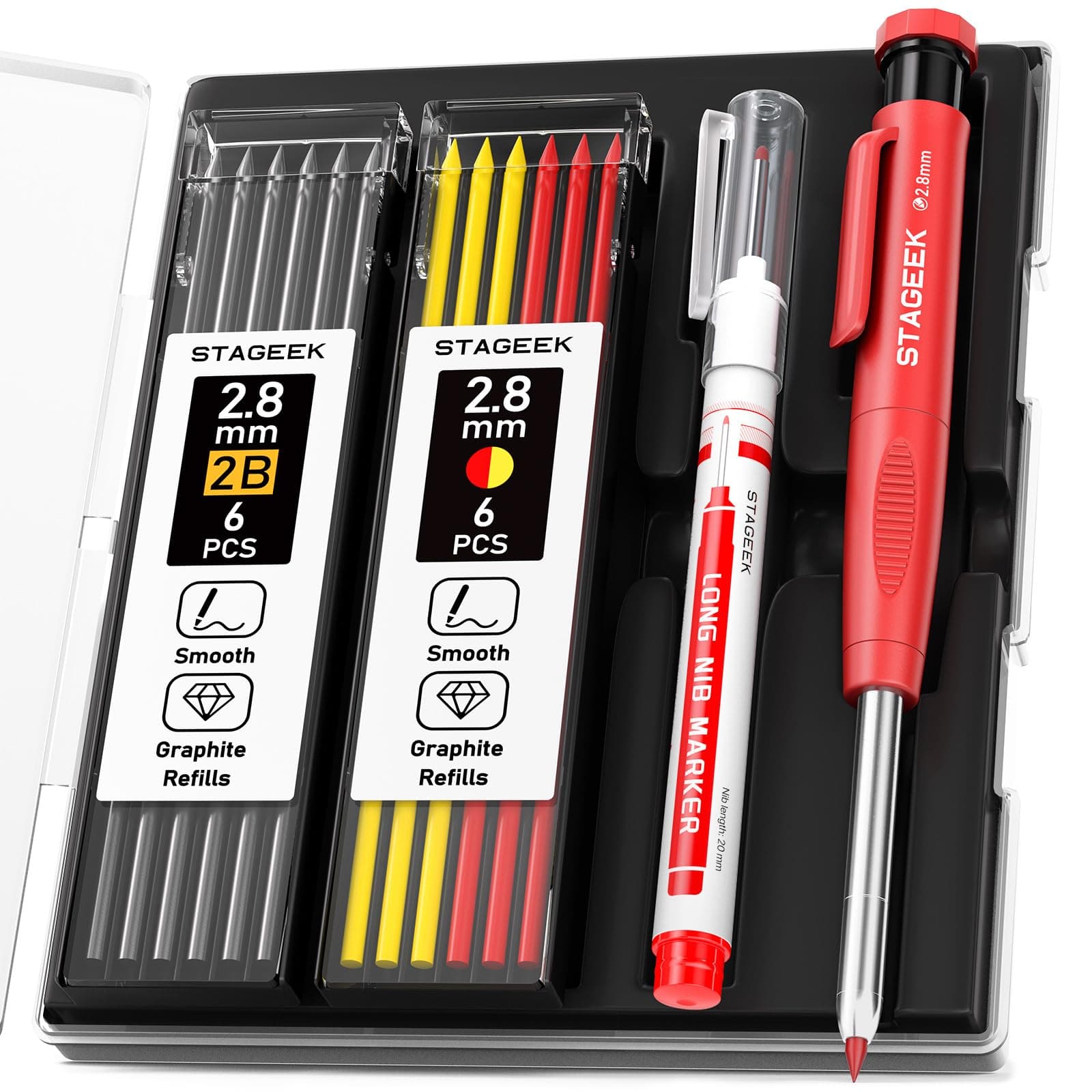 Carpenter Pencils Set with Sharpener, Heavy Duty Woodworking Tools with 13 Refills (Red, Black, Yellow), Construction Pencil and Deep Hole Long Nib Marker Pen for Architect Marking with Case