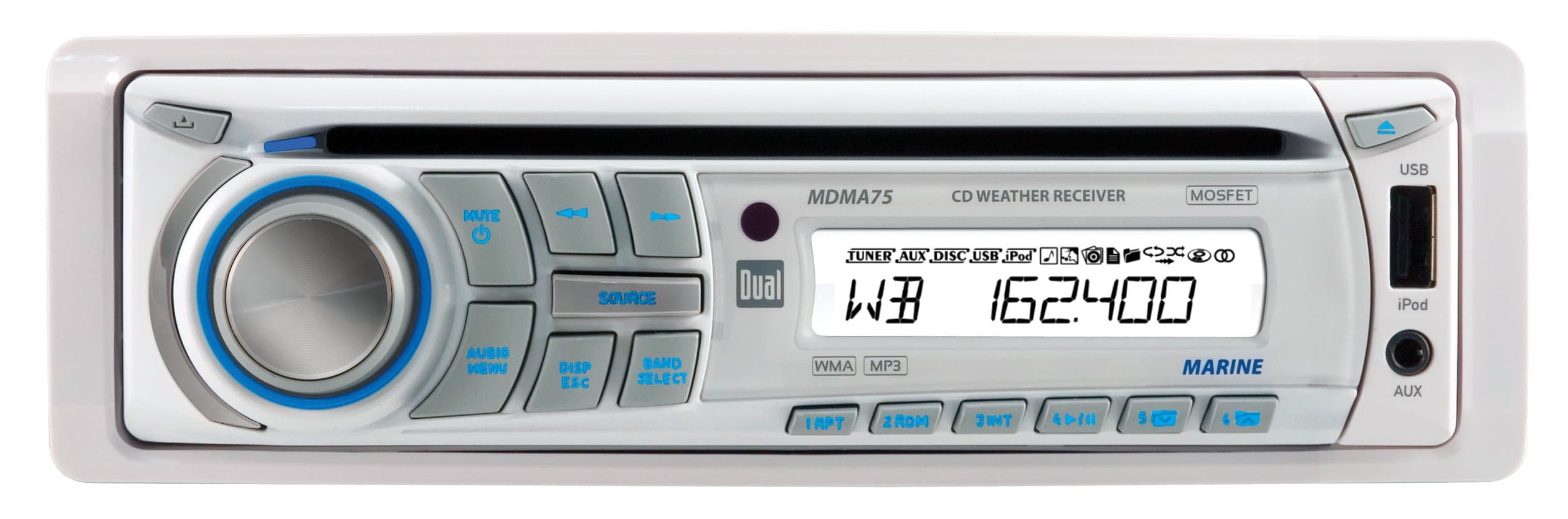 Dual Electronics MDMA75 Marine CD Receiver with NOAA 7-Channel Weatherband Tuner and Direct USB Control for iPhone/iPod Devices