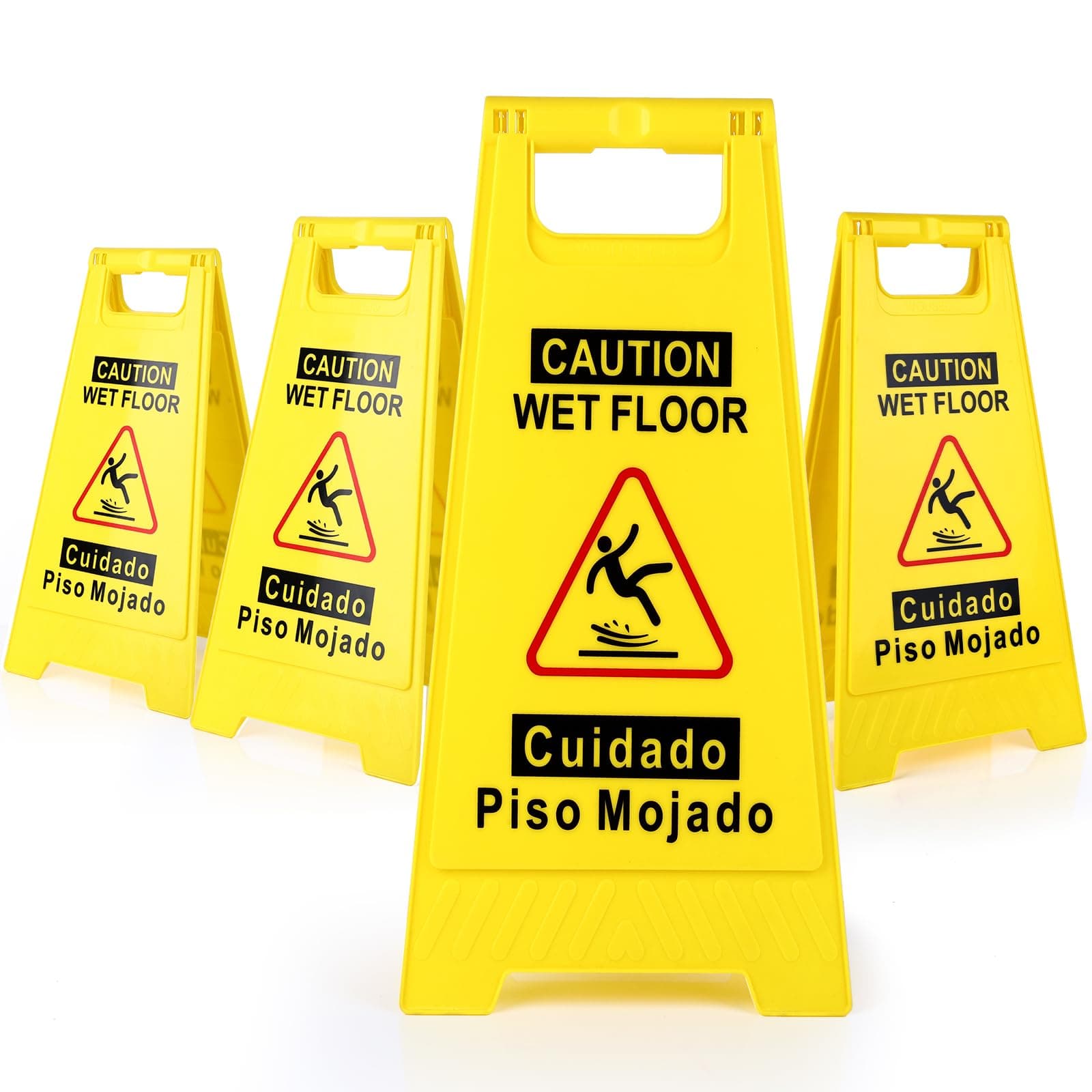 4-Pack Caution Wet Floor Sign,17.5" Height,Bright Yellow Double-Sided Folding A-Shaped Frame Design, Bilingual Caution Message
