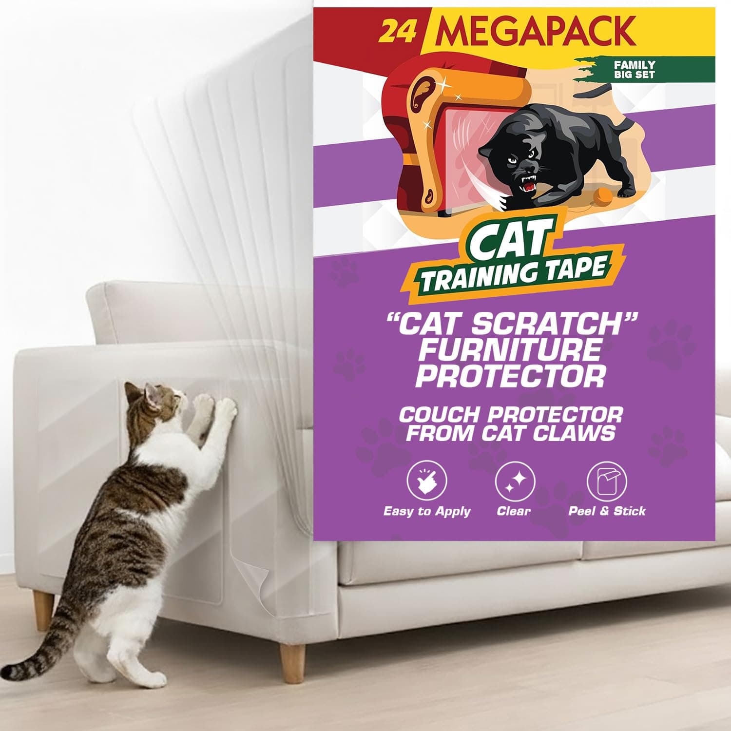 Panther Armor Cat Scratch Deterrent Tape – Double Sided Sofa Anti Scratching Sticky Tape – Couch Corner Anti Cat Scratch Furniture Protectors from Cats - Cat Couch Protector - Couch Protector for Cats