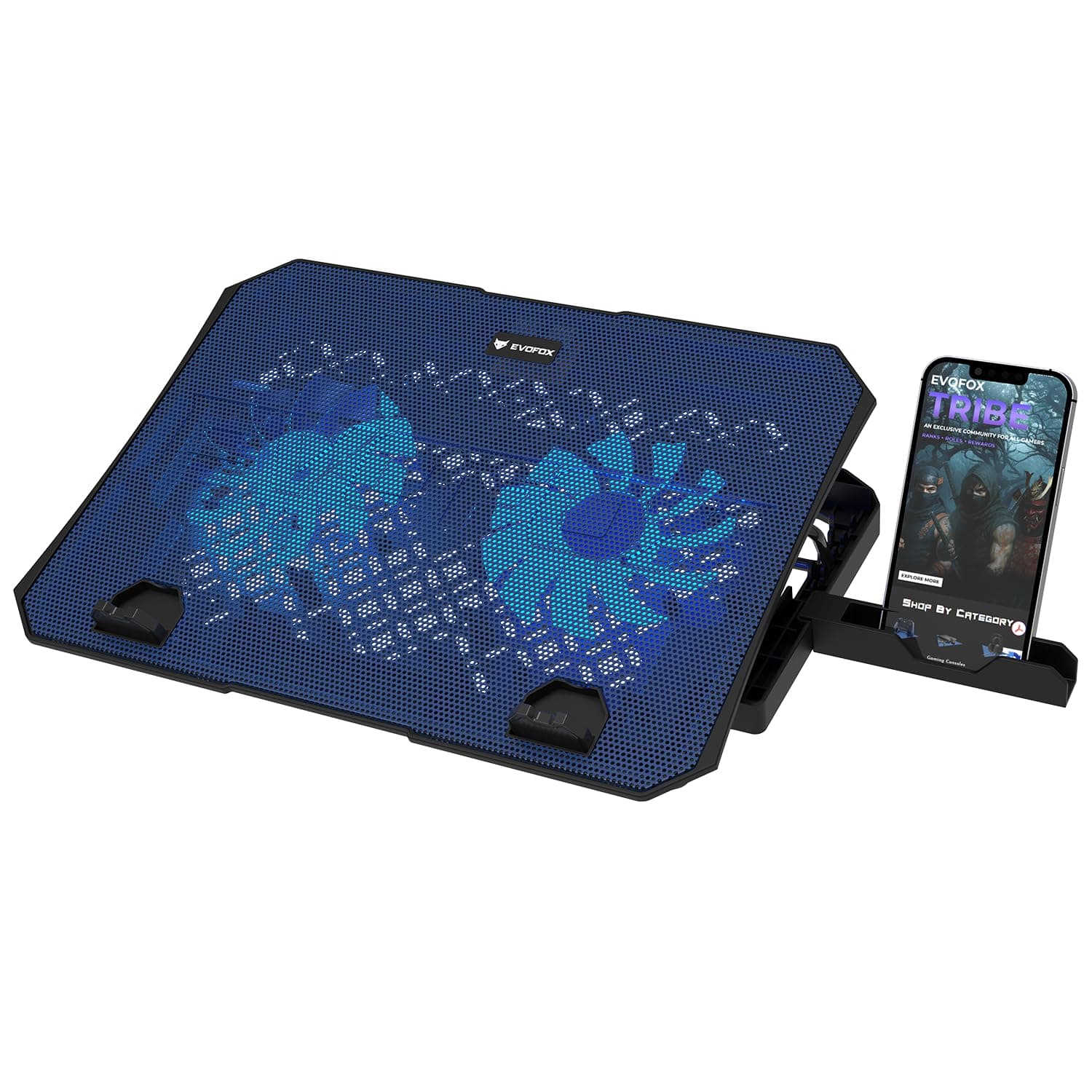 EvoFox Frost Cooling pad with Silent Fans, 5 Adjustment Level, Silicon Pads, Iron mesh and Blue LED Lights, 2 USB Ports, laptops Upto 15.6 inches (Black)