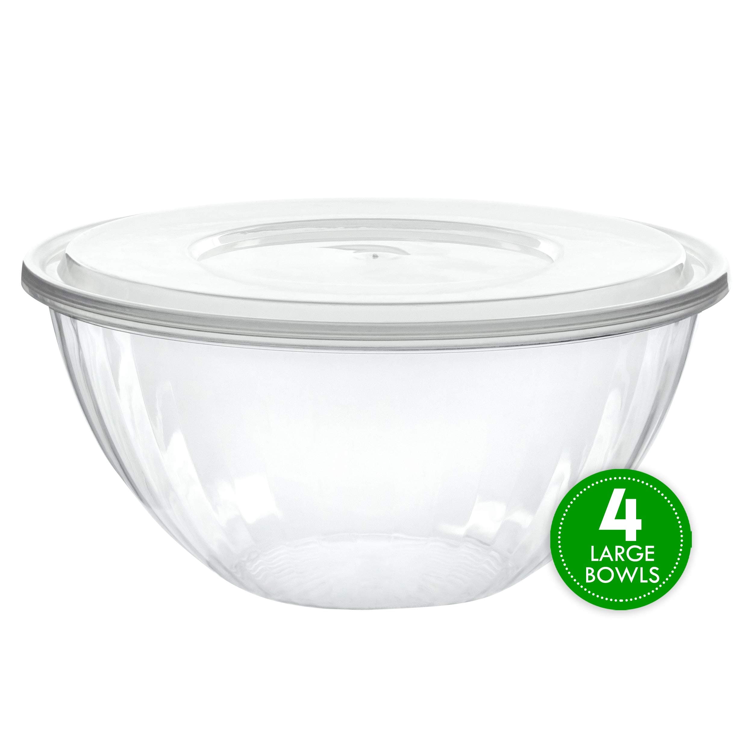 PLASTICPRO Disposable 150 Ounce Round Crystal Clear Plastic Serving Bowls, With Lids Party Snack or Salad Bowl, Chip Bowls, Snack Bowls, Candy Dish, Salad Container Pack of 4