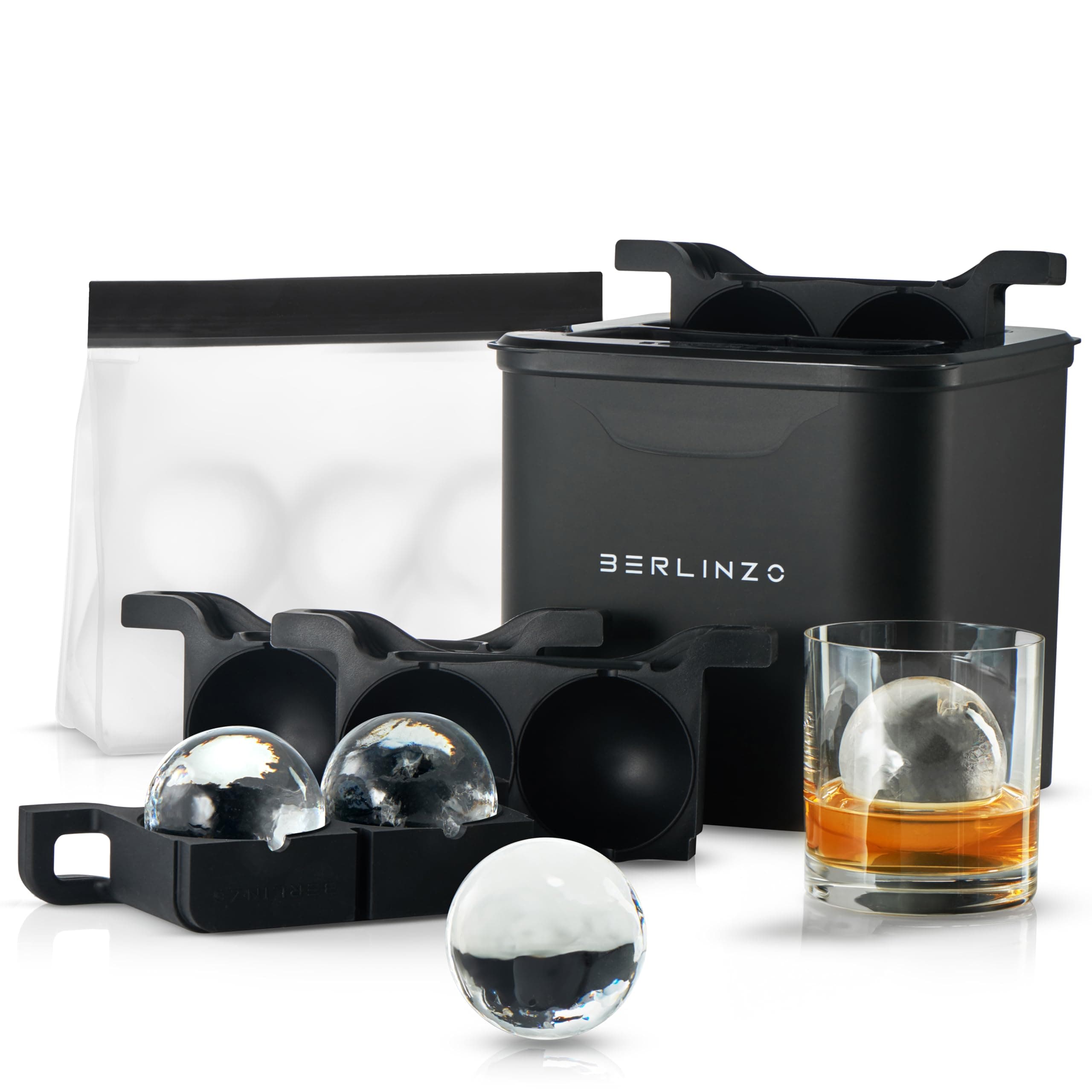 Berlinzo Premium Clear Ice Ball Maker Mold - 4 Large 2.4" Crystal Clear Ice Balls for Whiskey, Cocktails & Bourbon - Easy-to-Remove Mold for Ice Spheres - XL Storage Bag Included (Non-Electric)